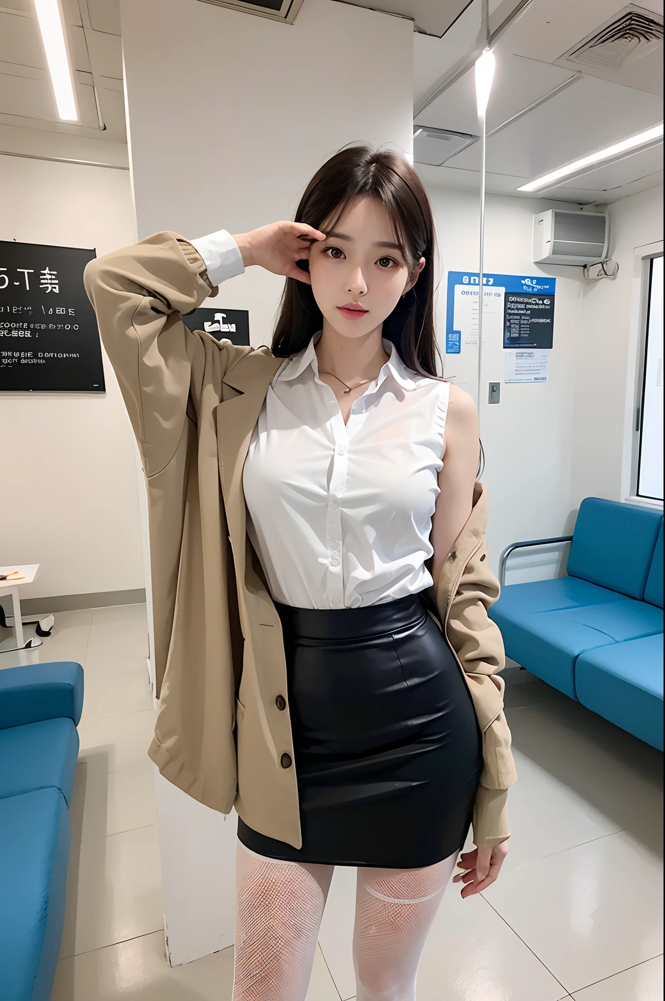 Arafe woman in short skirt and white shirt in subway, (Wearing pantyhose), 165 cm tall, Japanese Models, 155 cm tall, Korean Girl,Gorgeous young Japan woman, Engaging pose, goddess of Japan, Korean Woman, けもの, Realistic Pantyhose、Raw photo, (8K、top-quality、masterpiece:1.2)、(intricate detailes:1.4)、(Photorealsitic:1.4)、octane renderings、Complex 3D rendering ultra detail, Studio Soft Light, Rim Lights, vibrant detail, super detailing, Realistic Pantyhose、realistic skin textures, Detail Face, Beautiful detail eyes, Very detailed CG Unity 16k wallpaper, make - up, (detailedbackground:1.2), Spread your legs、crotch open、shinny skin、Exposed thighs!!!