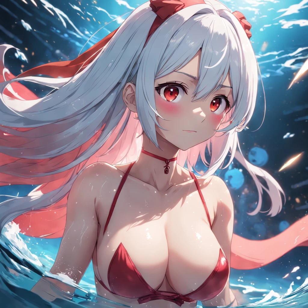 White hair, Earphone, red hairband, Gradient eyes, anime big ??????, god light, angle of view, hyper HD, Super detail, High details, High quality，swim wears