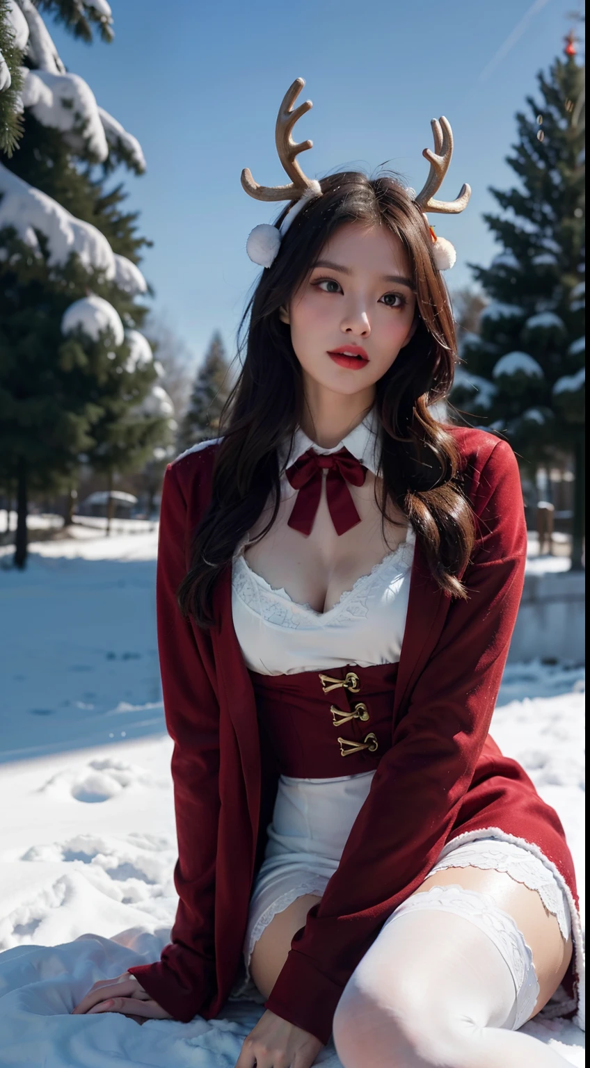 A woman in sexy costume poses in front of a Christmas tree, breast enhancement,reality,offcial art,8K quality,Super detail,fine detail skin,Movie Angle,cinematic textures,Masterpiece,Best picture quality,1 girl,Zhu lips,Messy hair,pantyshot,underbust,1girll,Whole body,White_Stockings,Lace，Long hair,upper legs,Lace,White stockings，Wear a red velvet jacket , A girl in a red velvet jacket stands in the snow,There was a reindeer next to the girl，There are deer in the snow，The girl has antlers on her head, Christmas evening, christmas dress，Korean girl, 4k post, a wide full shot,
