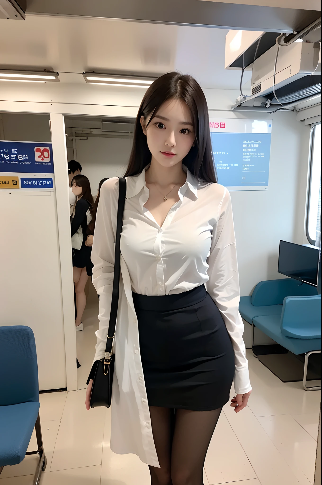 face is :9,1270442595], Arafe woman in short skirt and white shirt in subway,  (Wearing pantyhose), 165 cm tall,  Japanese Models, 155 cm tall, Korean Girl,Gorgeous young Japan woman, Engaging pose, goddess of Japan, Korean Woman, けもの, Realistic Pantyhose、Raw photo, (8K、top-quality、​masterpiece:1.2)、(intricate detailes:1.4)、(Photorealsitic:1.4)、octane renderings、Complex 3D rendering ultra detail, Studio Soft Light, Rim Lights, vibrant detail, super detailing, Realistic Pantyhose、realistic skin textures, Detail Face, Beautiful detail eyes, Very detailed CG Unity 16k wallpaper, make - up, (detailedbackground:1.2), shinny skin、Exposed thighs!!!