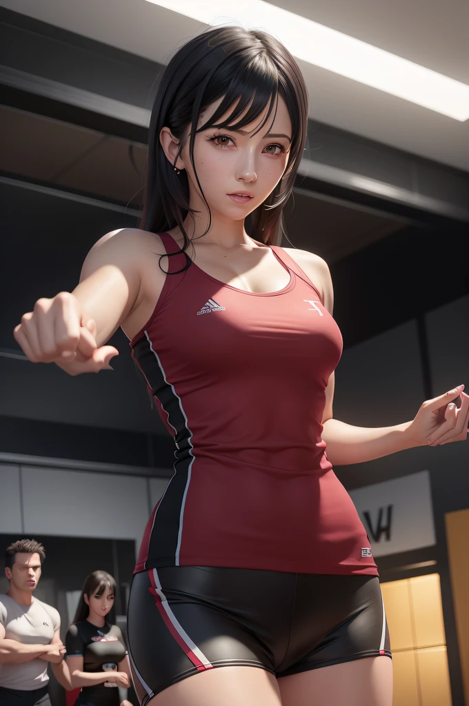 There was a woman wearing a red top and black shorts, Tifa Lockhart, alluring tipha lockhart portrait, As a character in Tekken, ff Tifa, [ 4 K photorealism ]!!, senna from league of legends, posing ready for a fight, chun li at the gym, [ 4 K photorealism ]!!!, 3 d anime realistic, tifa lockhart portrait