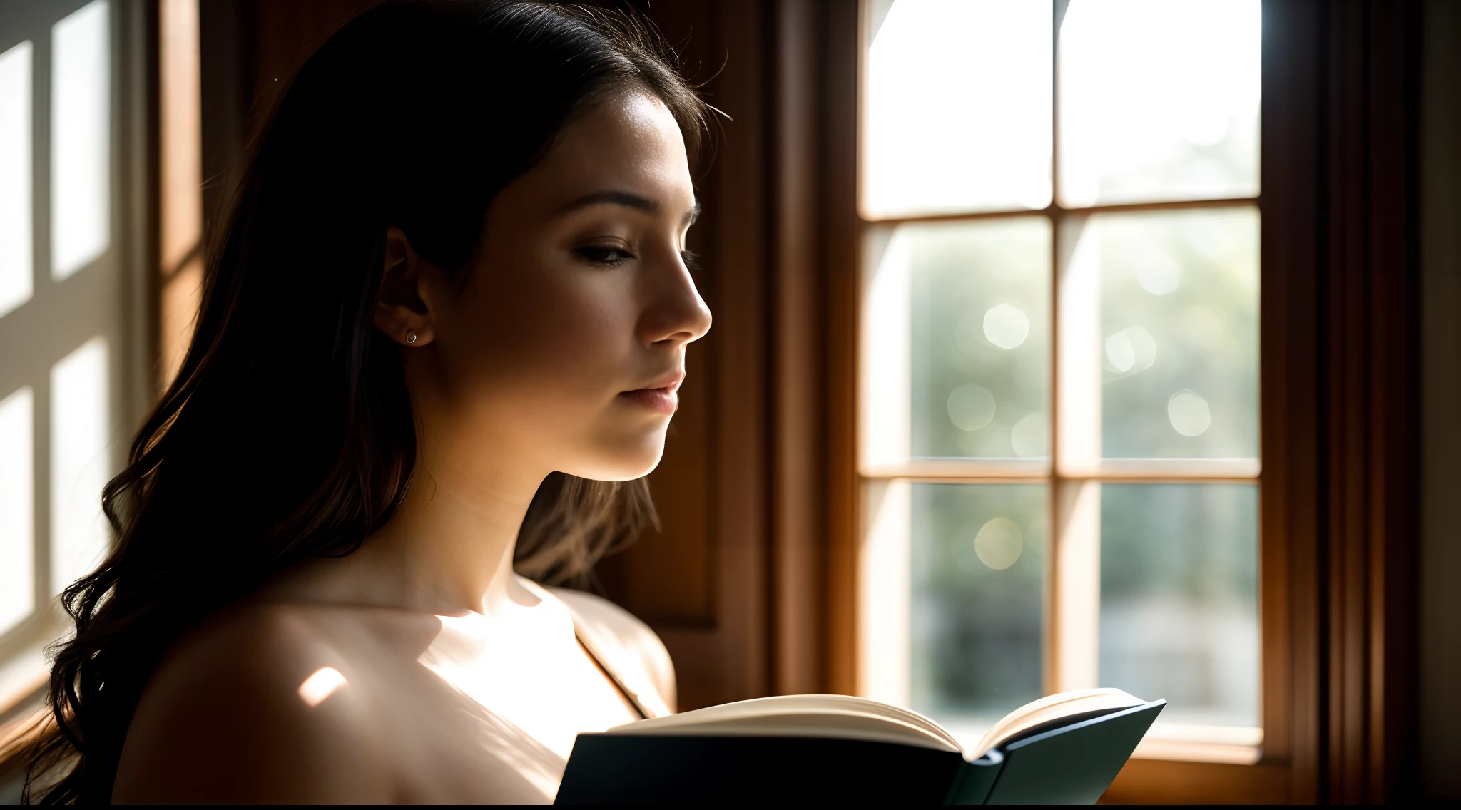 instagram photo, closeup face photo, A striking scene of a woman immersed in her reading, the play of light and shadows creating an atmosphere of curiosity and imagination, Fujifilm X-T3 with 50mm f/2 lens, dramatic window light, storytelling photography.