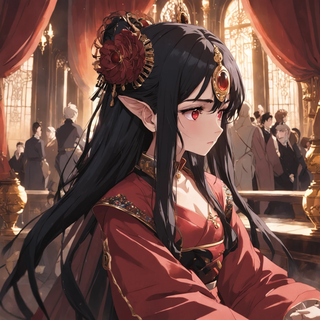 tmasterpiece,best qualtiy,cinematic Film still from,opulent,period costume,stately,Sit,heavy makeups,royal family,temperament,red eyes,Long black hair,