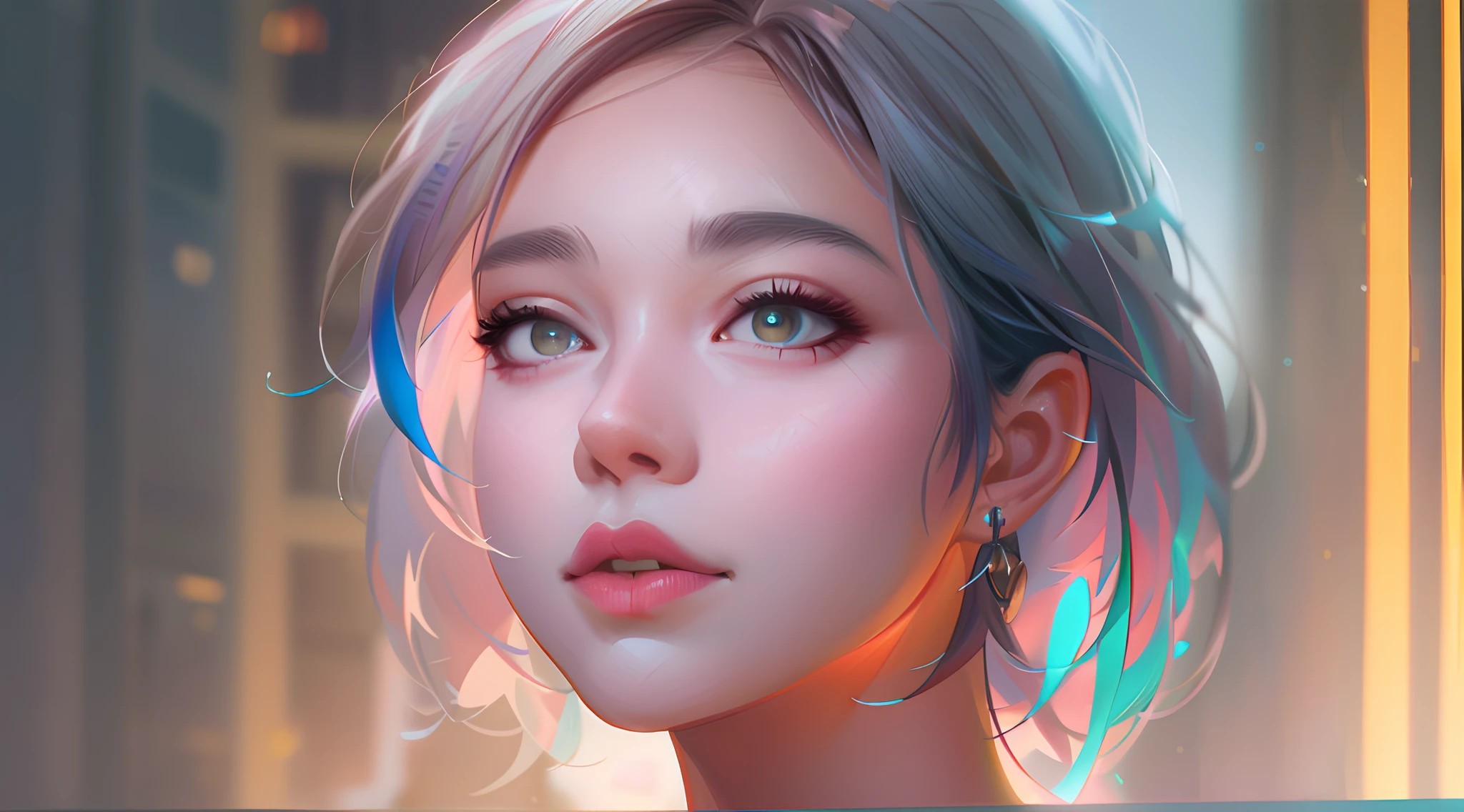 Woman with blue hair and headphones, inspired by Yanjun Cheng, Guviz-style artwork, 8K Artgerm bokeh, realistic art style, photorealistic art style, realism art style, Rosla global lighting, stunning digital illustration, Realistic digital art 4 K, Realistic digital art 4K, rossdraws portrait