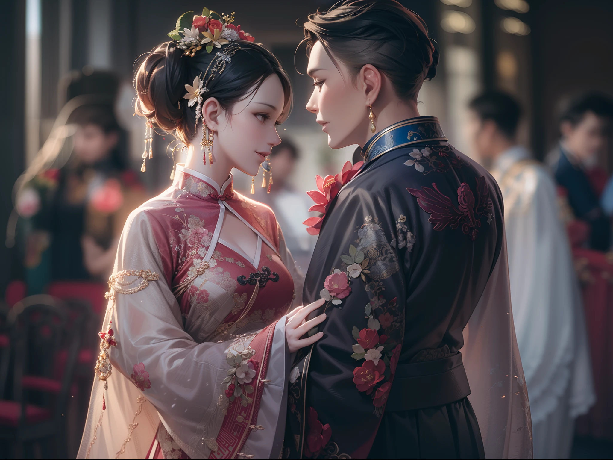( 8K, dynamic action, pale washed out style, Dreamy nostalgia, soft focus, dark halo, light leaks, Medium photography, Coarse grain photos, tmasterpiece, top-quality, 8K, realisticlying, Very dense CG, shiny skins,)A couple,Wedding scene,half-body portrait,Weddings,ornate garment,Chinese elements,macro photography,colorful matching scene,Grand, gorgeous,The happy expression of the character,