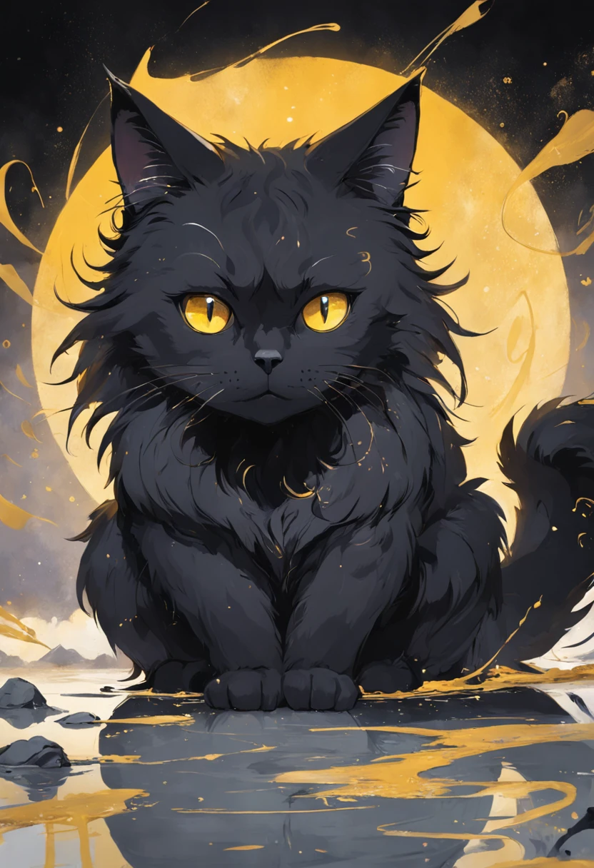 Gato en el arte,  furry cat, Aseo de ojos estrechos、ocio、Color principal negro, Color secundario cian, Fondo amarillo dorado, artistic, sofisticado, Warm style, Las formas incluyen gatos abstractos, Playful forms, Pieza elegante, Las texturas incluyen texturas de pelaje, Pintura lisa, textura de la tela, Lines contain elegant lines, Curvas naturales, Silueta delicada, La forma es elegante, accesible, expresivo, aesthetic.