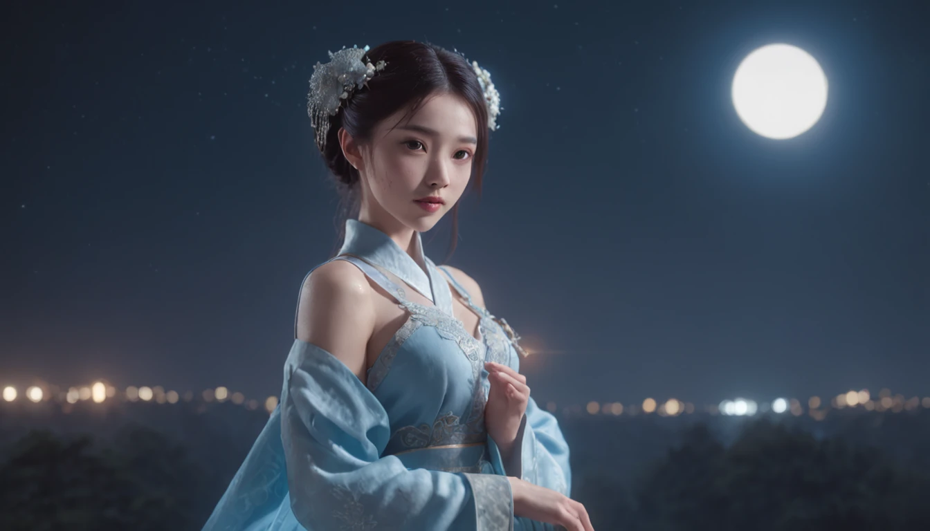 in a panoramic view,magic realism, anime big breast,Masterpiece, hyper HD, Super detail, High details, Best quality, A high resolution, A high resolution, Award-Awarded, Award-Awarded, Anatomically correct, 8K,),(full moon,holding hands in the moonlight,Peaceful night sky in the background,Traditional romance, xianxia fantasy, Chinese fantasy, beautiful moonlight night, Chinese style, moonlit night dreamy atmosphere),(Boy in blue and anime girl in red dress:1.5,Delicate girl,beuaty girl,Chinese Hanfu,inspired by Leng Mei,Romantic atmosphere:1.5,Cinematic lighting,Chinese premium color scheme)