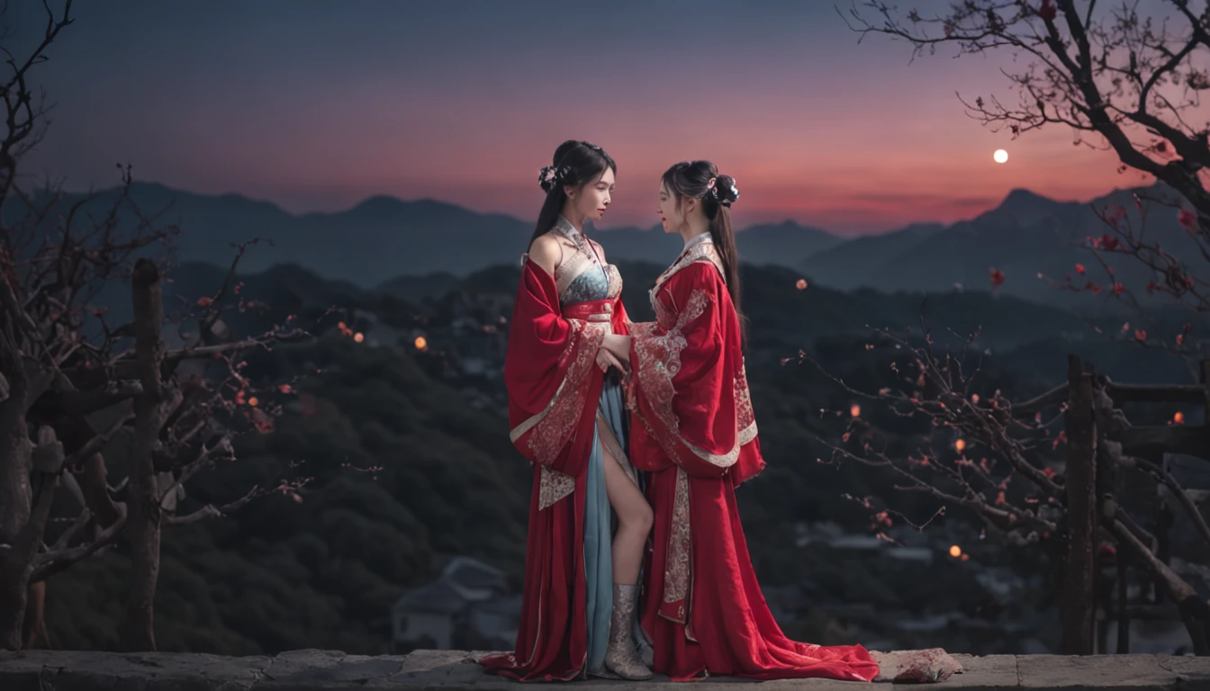 in a panoramic view,magic realism, anime big breast,Masterpiece, hyper HD, Super detail, High details, Best quality, A high resolution, A high resolution, Award-Awarded, Award-Awarded, Anatomically correct, 8K,),(full moon,holding hands in the moonlight,Peaceful night sky in the background,Traditional romance, xianxia fantasy, Chinese fantasy, beautiful moonlight night, Chinese style, moonlit night dreamy atmosphere),(Boy in blue and anime girl in red dress:1.5,Delicate girl,beuaty girl,Chinese Hanfu,inspired by Leng Mei,Romantic atmosphere:1.5,Cinematic lighting,Chinese premium color scheme)
