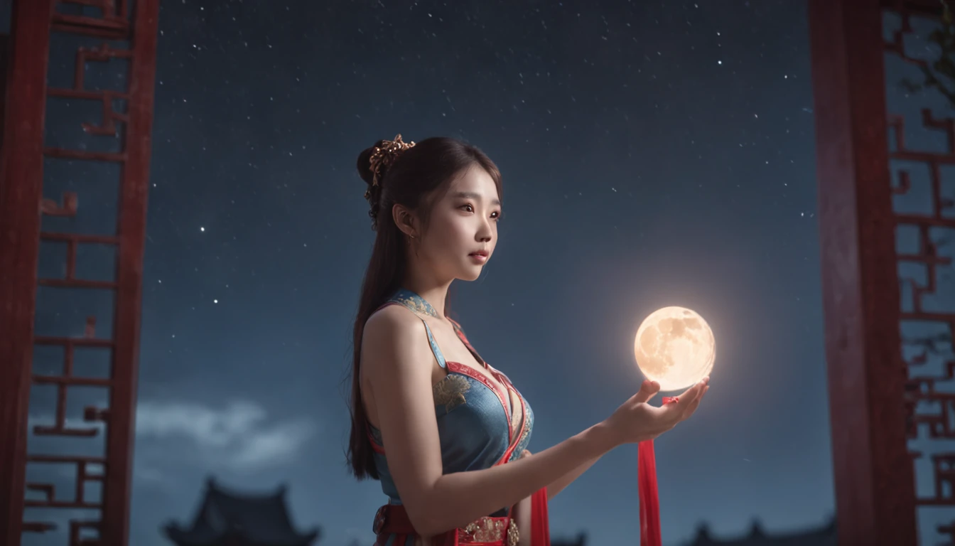 in a panoramic view,magic realism, anime big breast,Masterpiece, hyper HD, Super detail, High details, Best quality, A high resolution, A high resolution, Award-Awarded, Award-Awarded, Anatomically correct, 8K,),(full moon,holding hands in the moonlight,Peaceful night sky in the background,Traditional romance, xianxia fantasy, Chinese fantasy, beautiful moonlight night, Chinese style, moonlit night dreamy atmosphere),(Boy in blue and anime girl in red dress:1.5,Delicate girl,beuaty girl,Chinese Hanfu,inspired by Leng Mei,Romantic atmosphere:1.5,Cinematic lighting,Chinese premium color scheme)