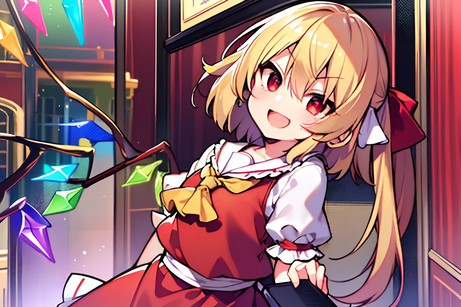 One Person、(Flandre Scarlet)、Petite、One girl、Mean smile、shortsleeves、Opening Mouth