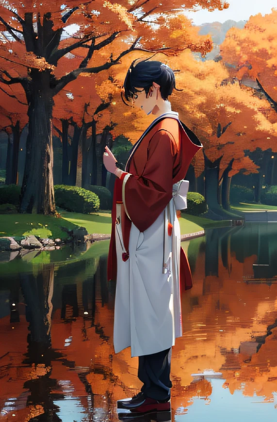 Anime boy in red and white dress standing in front of the lake,Beautiful Anime Boy,a beautiful anime portrait,Wearing beautiful clothes,A boy in Hanfu,Anime style 4k,Guviz-style artwork,Attractive anime boy,Boy anime style,Beautiful Anime Boy,Young anime boy,Behind it are autumn maple trees,The figure stands sideways in front,bust。