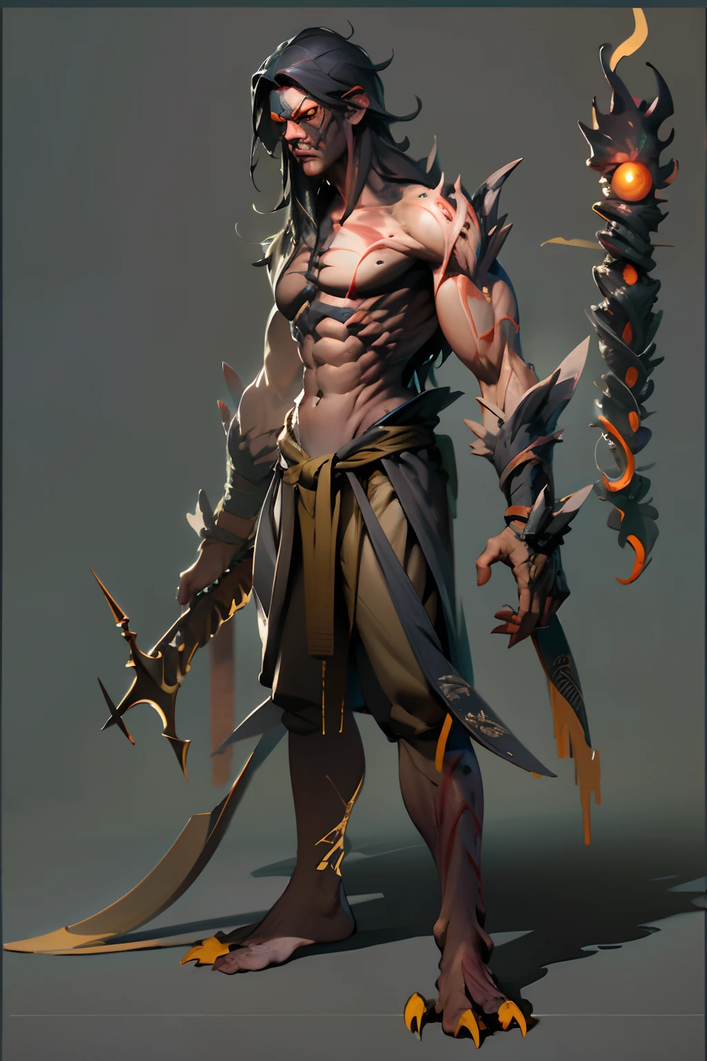 Game character standing drawing design,Hell creatures,short,Strong limbs,Muscle explosions,Covered with scales and barbs,cunning,shadowy,uncanny,terroral,scythe,Fighting posture,(full bodyesbian:1.4),with black background,clean backdrop,depth of fields,high light,Real light,Ray traching,OC renderer,UE5 renderer,Hyper-realistic,best qualtiy,8K,Works of masters,super-fine,Detailed pubic hair,Correct anatomy,