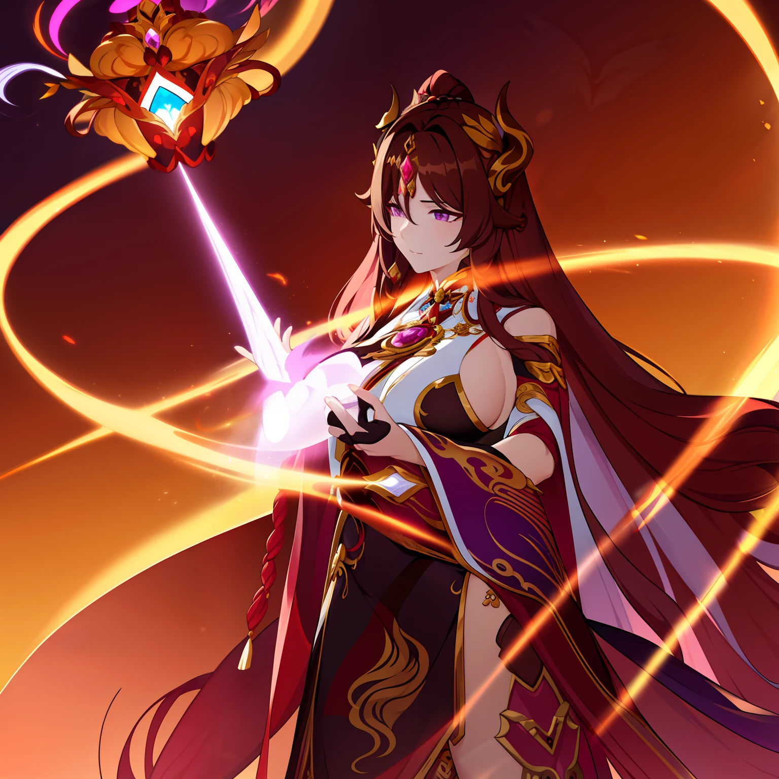 Woman, messy light brown long hair with a purple tint, dragon horns and tail, white and black Chinese dress with tight-fitting elements on her arms and legs, gold divine light, God's gaze, a sun circle, indifferent and cold gaze, light lipstick, light eyes