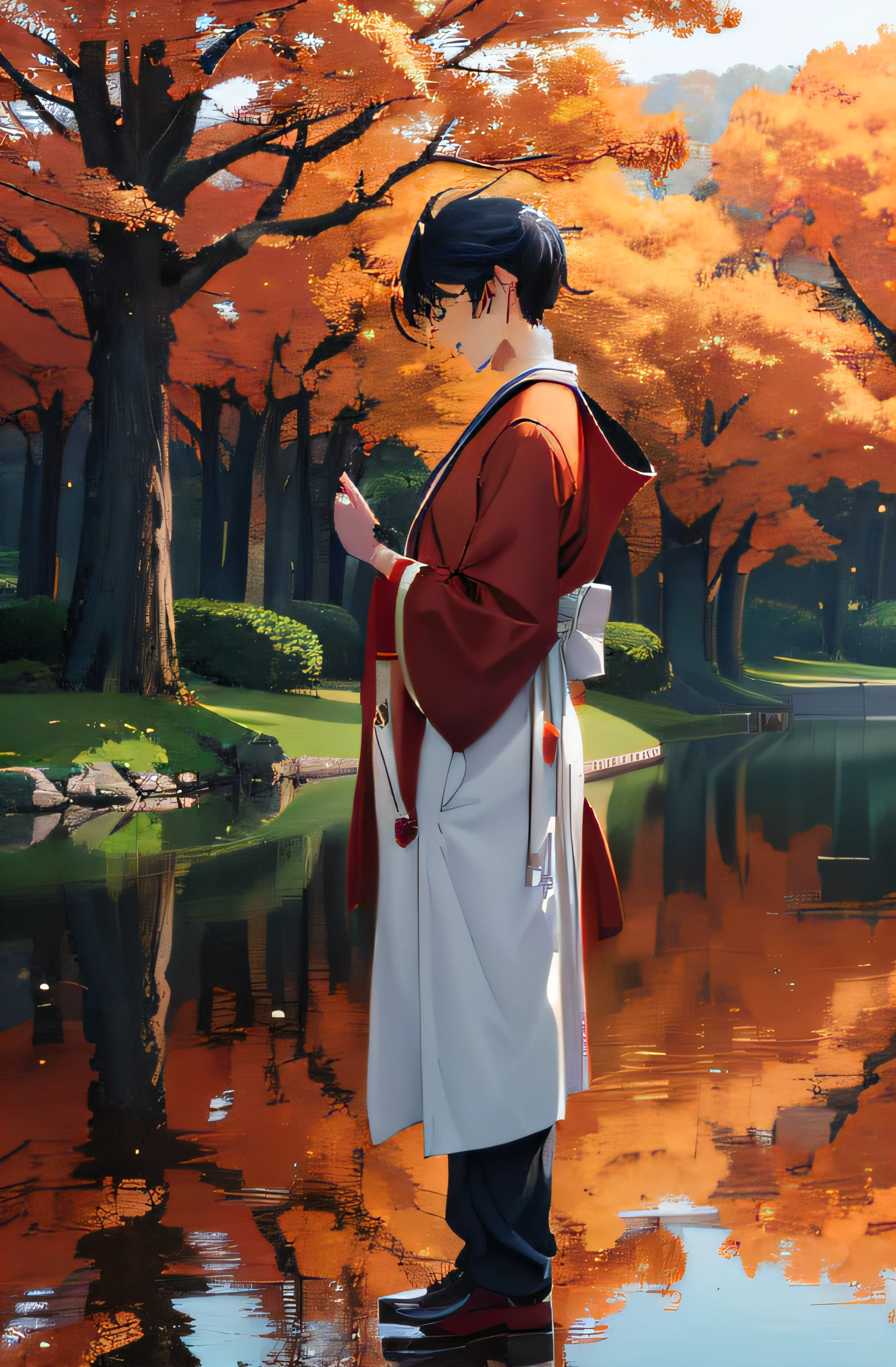 Anime boy in red and white dress standing in front of the lake，Beautiful Anime Boy，a beautiful anime portrait，Wearing beautiful clothes，A boy in Hanfu，Anime style 4k，Guviz-style artwork，Attractive anime boy，Boy anime style，Beautiful Anime Boy，Young anime boy，Behind it are autumn maple trees，The figure stands sideways in front，bust。