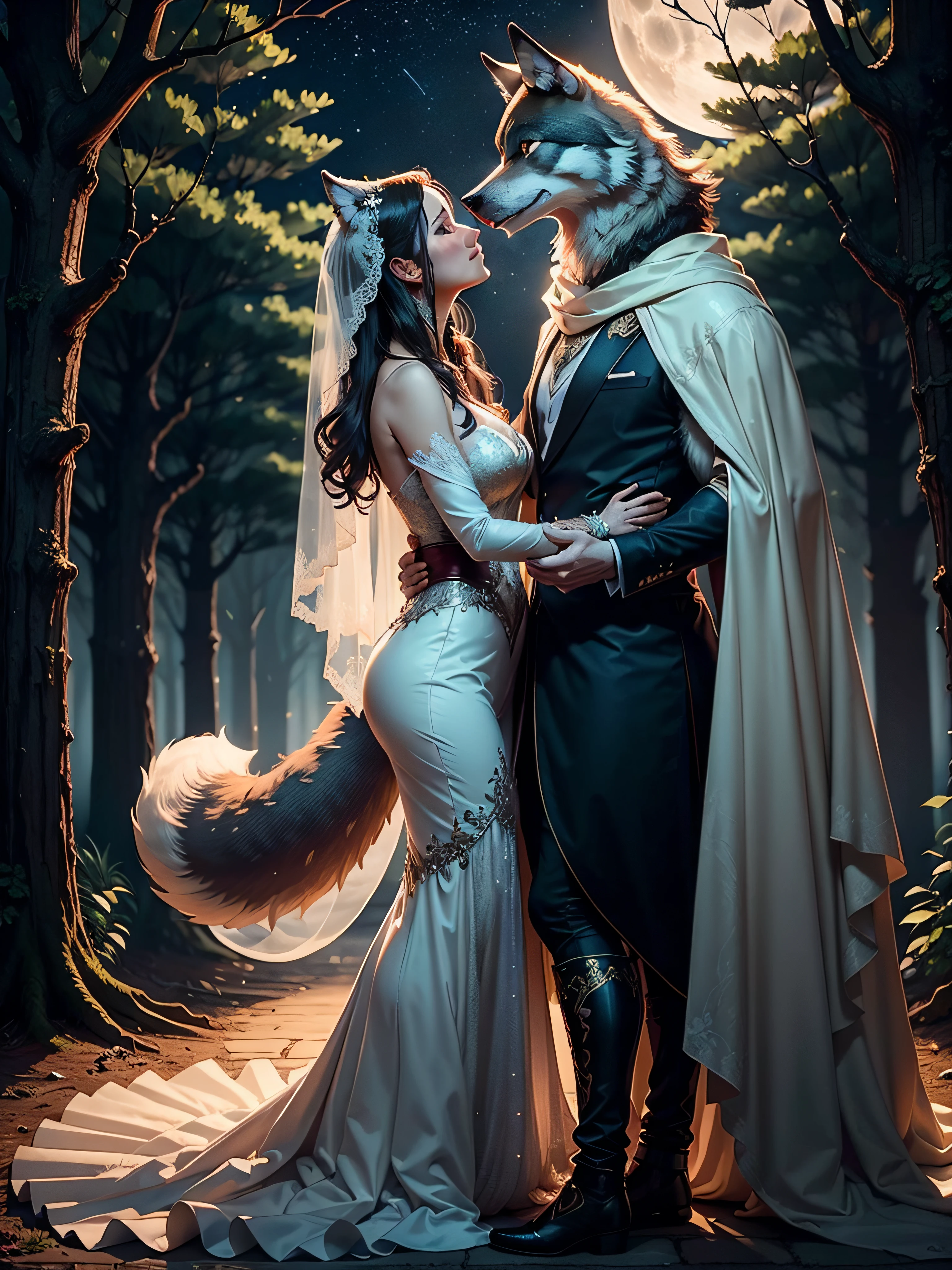"majestic wolf wedding, ethereal atmosphere, enchanting moonlit night, mystical forest backdrop, captivating love story, graceful wolves in elegant attire, awe-inspiring howls, graceful movements, magical union, radiant moonlight, mesmerizing starlit sky"
