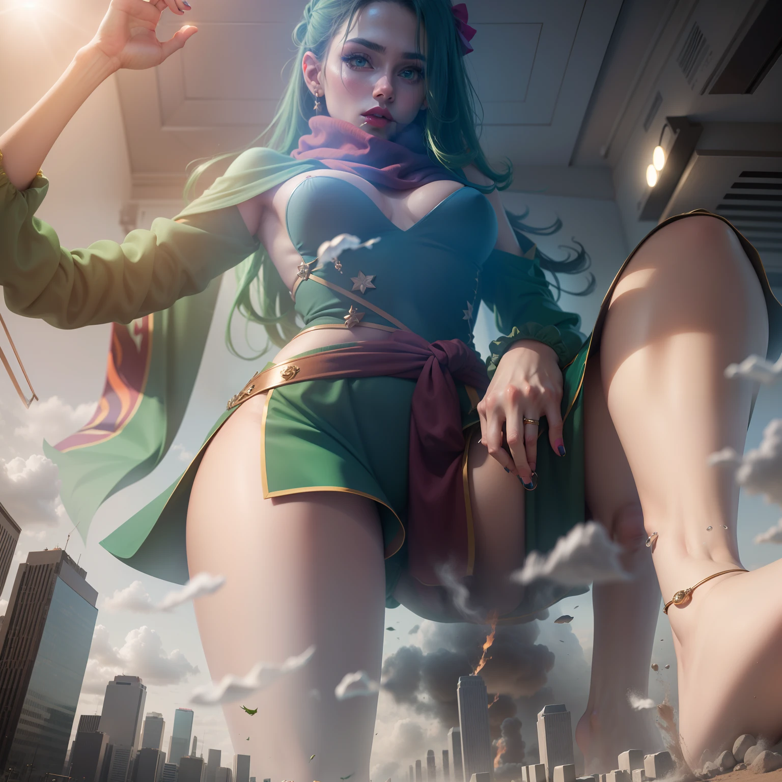 Izzy (drama completo), cabelo ruivo, Long hair up to the waist, melhor qualidade, sozinha, lips with orange lipstick, Olhando para o Viewer, seios, , maquiagem, shorts curto verde, olhos azuis, seios grandes, top Verde, transparent scarf placed at the waist, vestido verde , Erotica,
