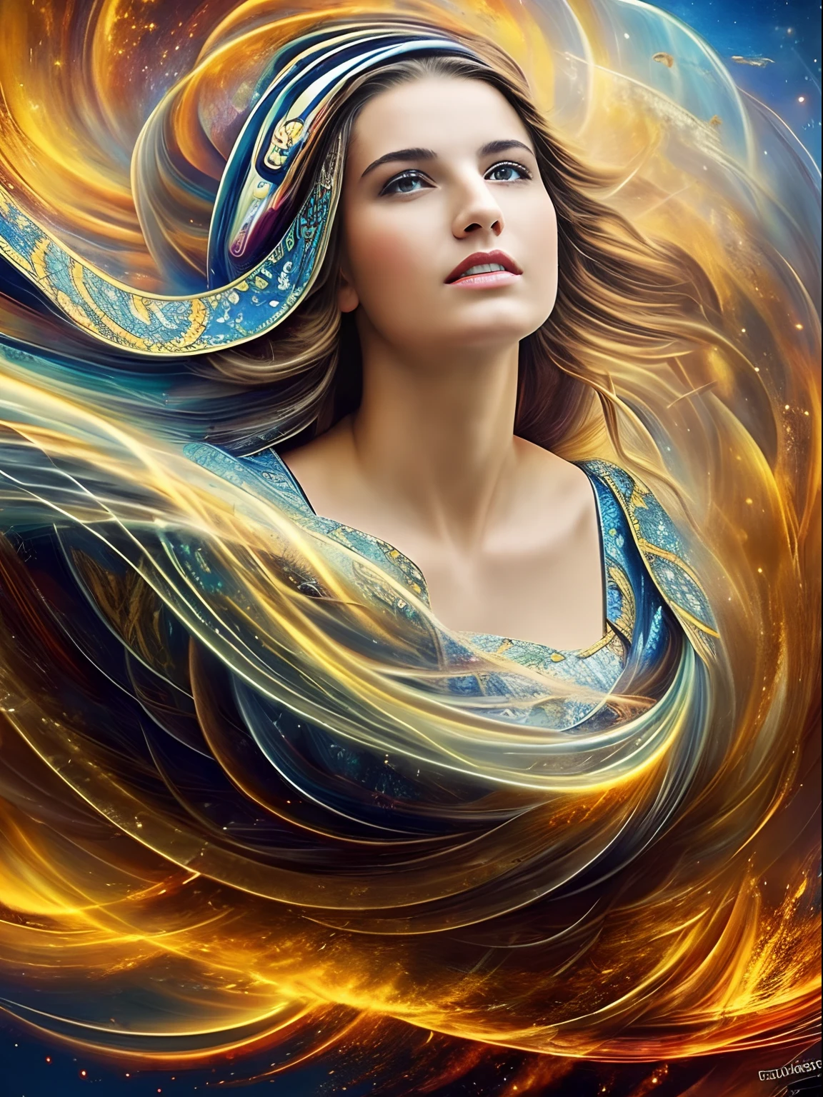 (masterpiece, best quality:1.5),fractal art, Beautiful girl about to be blown away by the wind, tornado