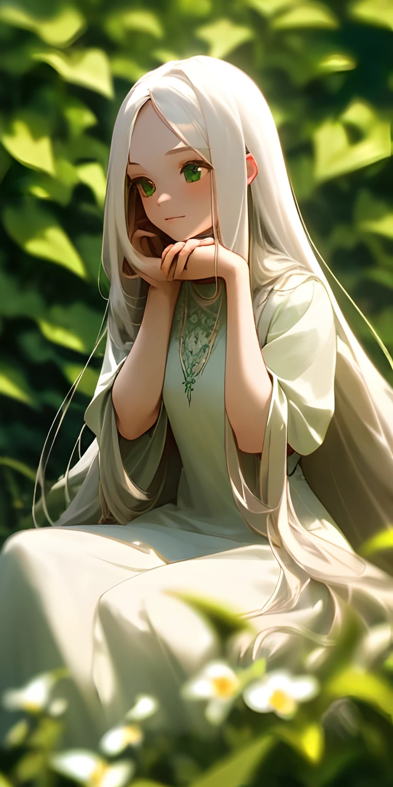 (masterpiece, best quality),1girl with long white hair sitting in a field of green plants and flowers, her hand under her chin, warm lighting, white dress, blurry foreground