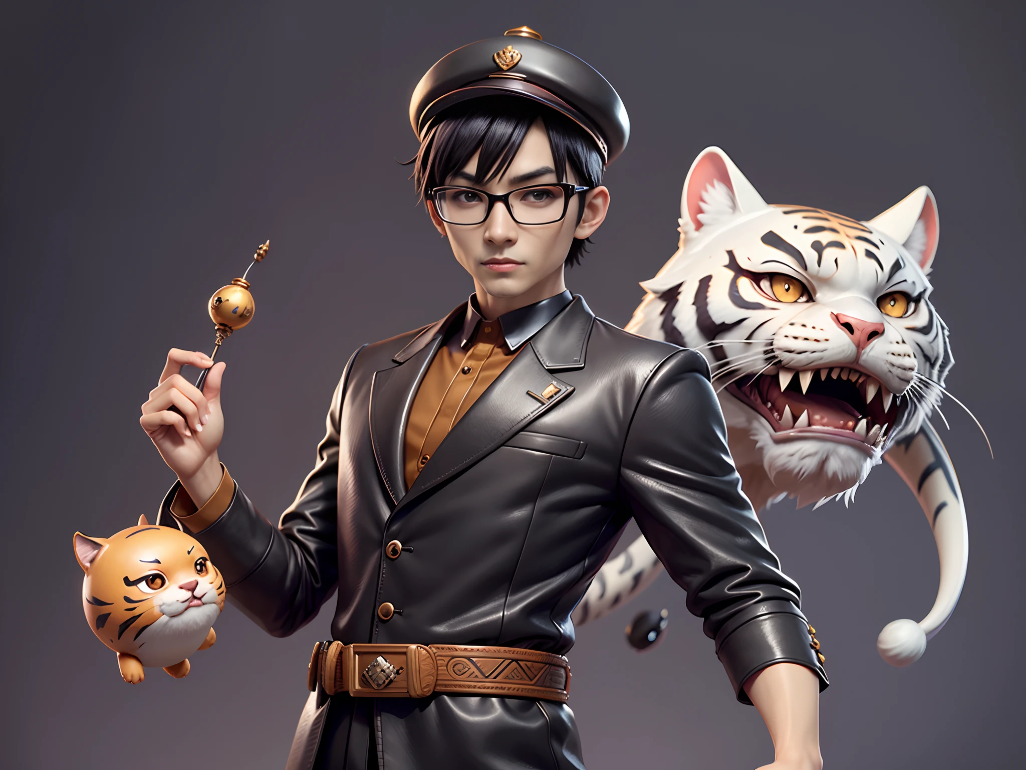 Young man with oriental face in leather hat, dragon, formal suit, short black hair, silver glasses, digital painting, 3D character design by Mark Clairedon and Pixar and Hayao Miyazaki and Akira Toriyama, the illustration is a high-definition illustration in 4K resolution with very detailed facial features and cartoon-style visuals.