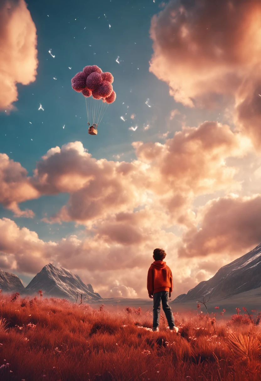 Masterpiece, Best quality, cinematic Film still from, 1boy, Cloud Boy, Floating in the sky, Close-up, Bright, cheerfulness, Warm and soft lighting, Sunset, (spark of light:0.7),A boy with