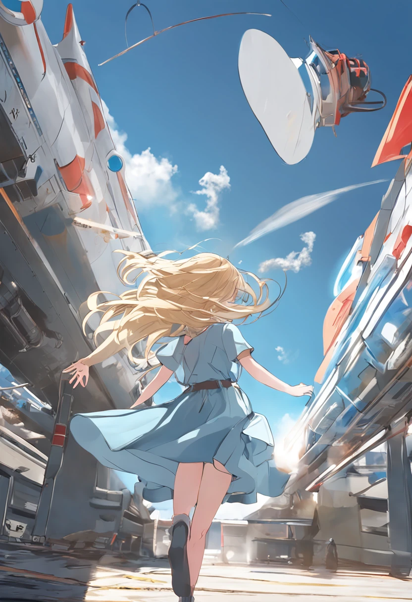Anime girl, blond hairbl, Wear a simple light blue casual dress, long hair floating in the wind, Watch as large airliners take off from the ground