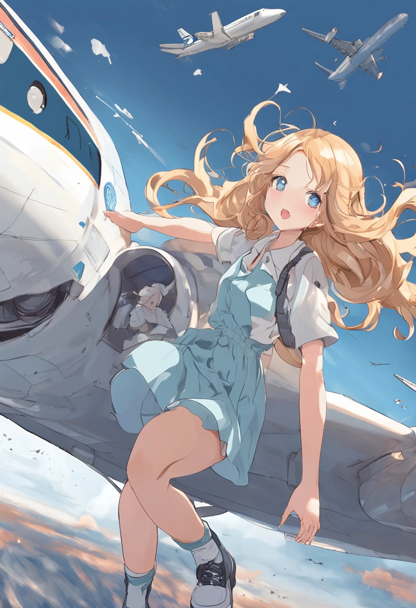 Anime girl, blond hairbl, Wear a simple light blue casual dress, long hair floating in the wind, Watch as large airliners take off from the ground