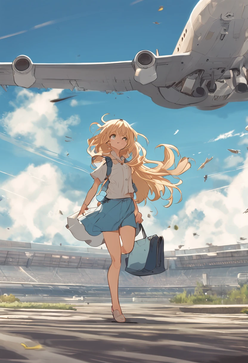 Anime girl, blond hairbl, Wear a simple light blue casual dress, long hair floating in the wind, Watch as large airliners take off from the ground