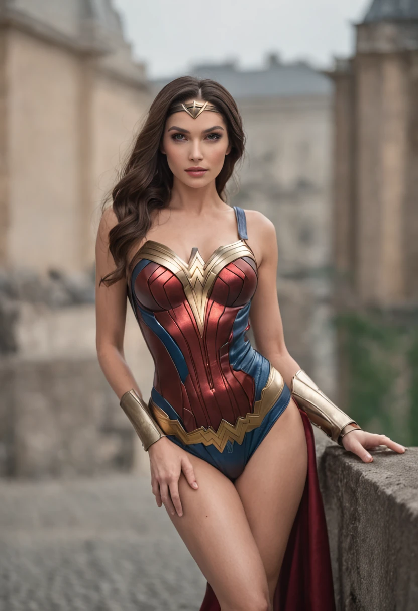 sexy legs wonder woman in high-cut bikini oiled, attacked by tentacles, swimwear editorial photographed in collapsed building ruins with wide angle fish eye lens
