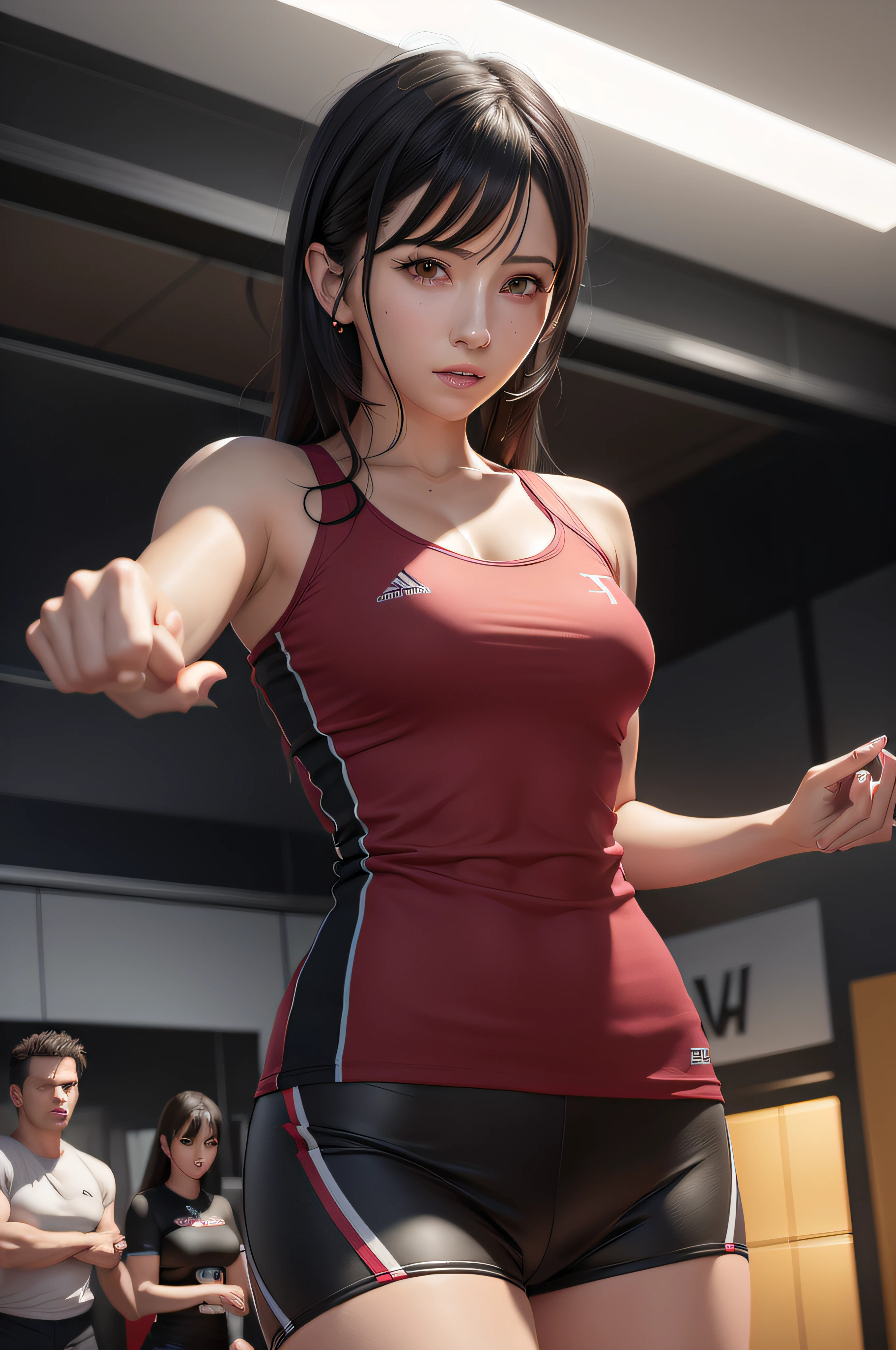 There was a woman wearing a red top and black shorts, Tifa Lockhart, alluring tipha lockhart portrait, As a character in Tekken, ff Tifa, [ 4 K photorealism ]!!, senna from league of legends, posing ready for a fight, chun li at the gym, [ 4 K photorealism ]!!!, 3 d anime realistic, tifa lockhart portrait