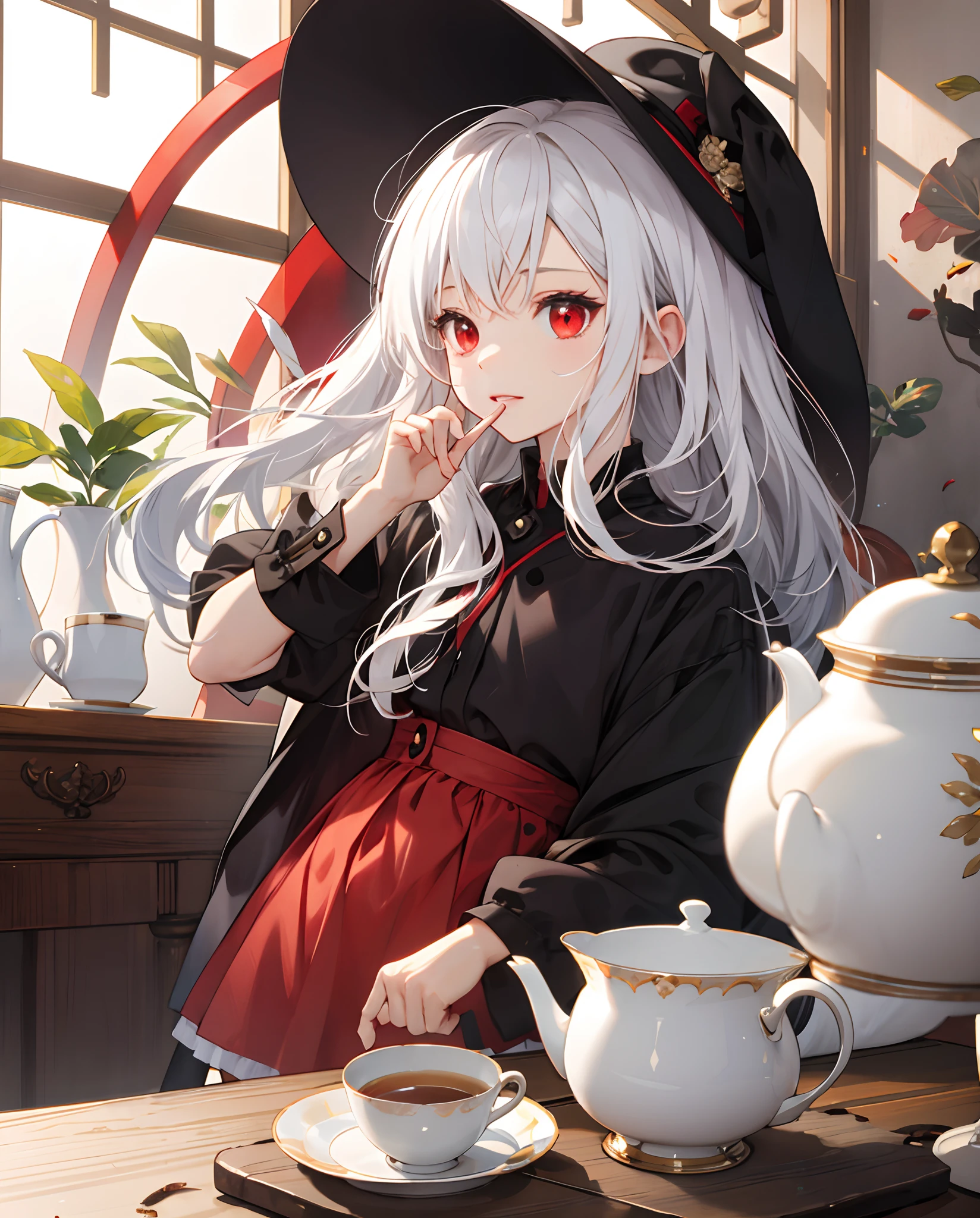 A little loli with white hair and red eyes poured tea