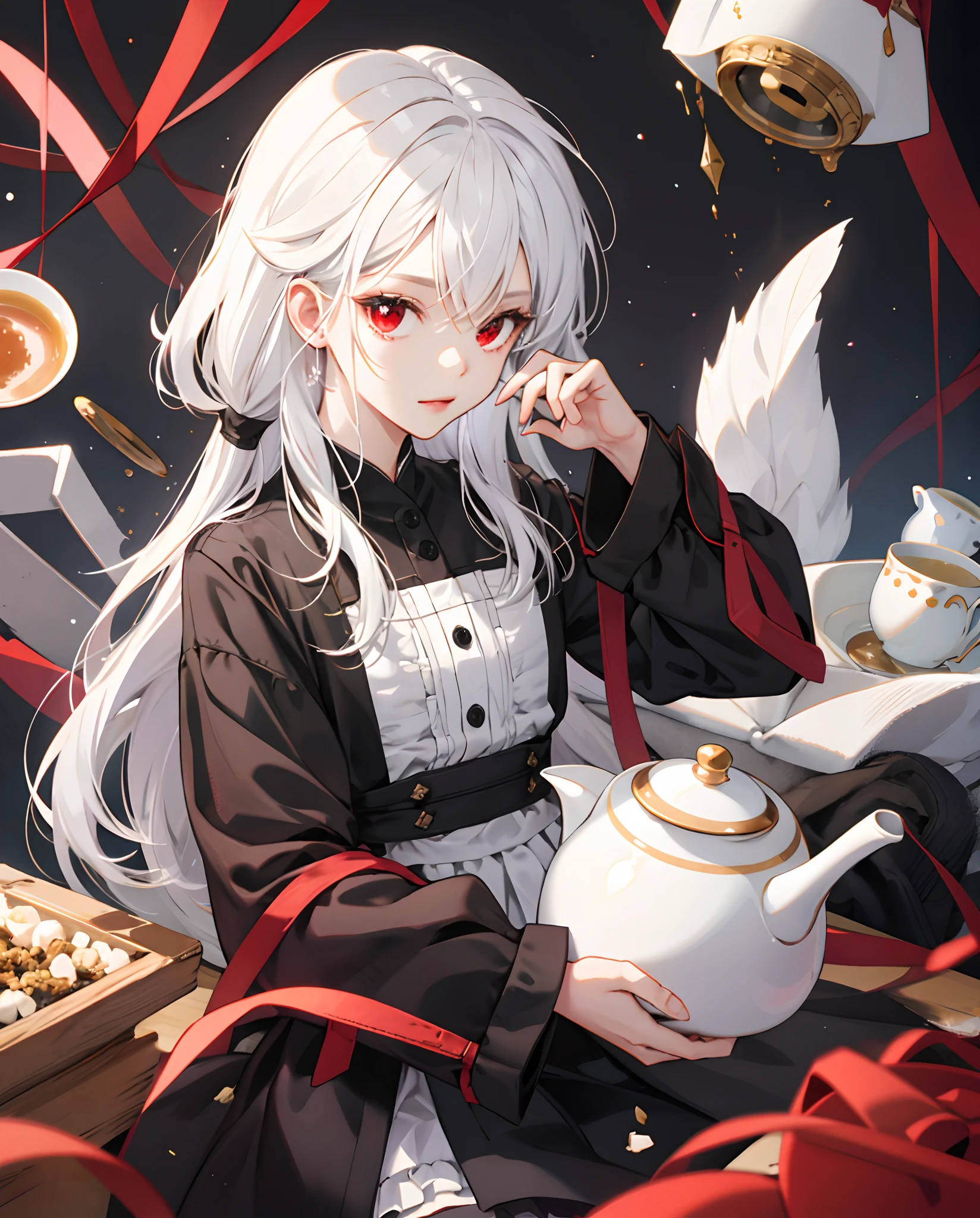 A  with white hair and red eyes poured tea