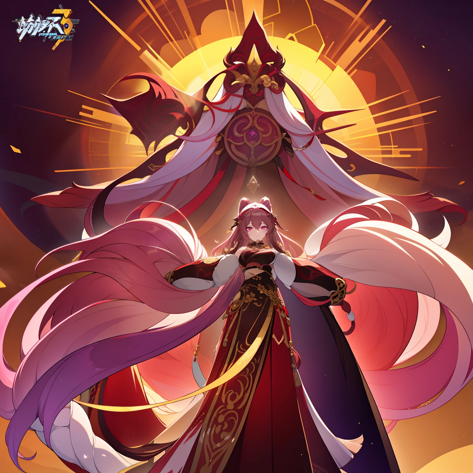 Woman, messy light brown long hair with a purple tint, dragon horns and tail, white and black Chinese dress with tight-fitting elements on her arms and legs, gold divine light, God's gaze, a sun circle, indifferent and cold gaze, light lipstick, light eyes