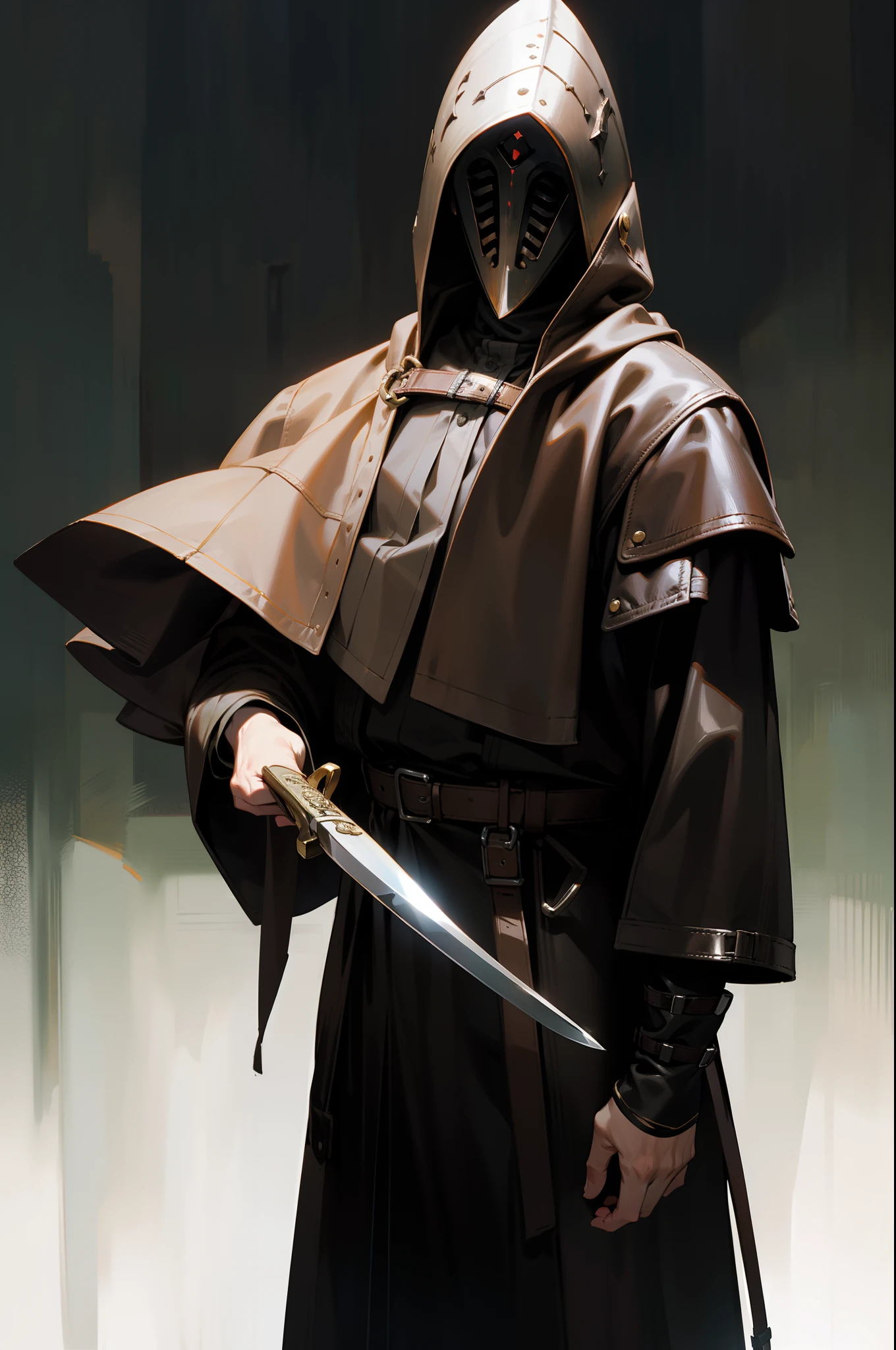 Wearing leather clothes,Holding a long-handled knife,Standing,With iron mask
