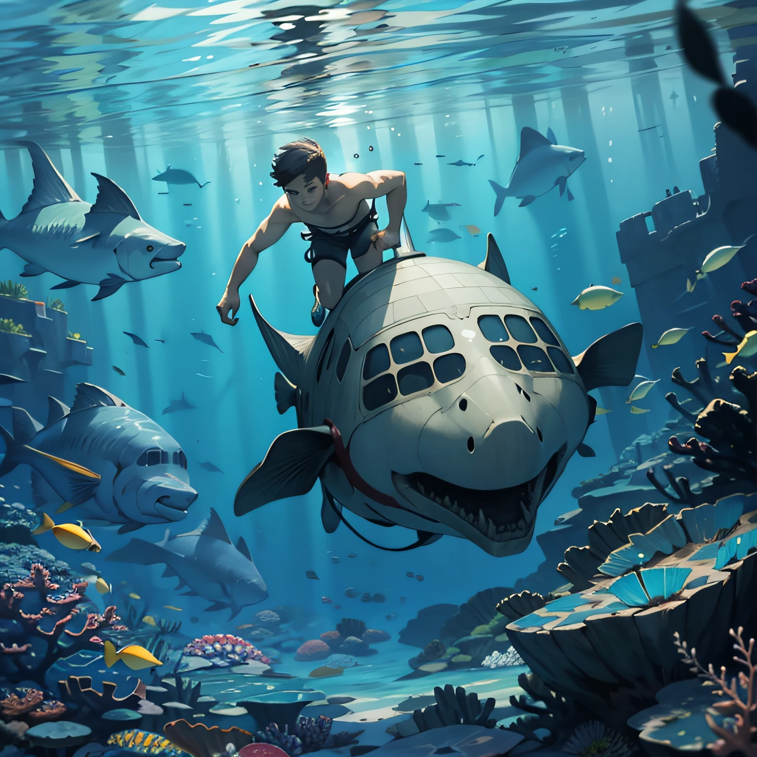 A boy swims in the deep sea,sunken ships