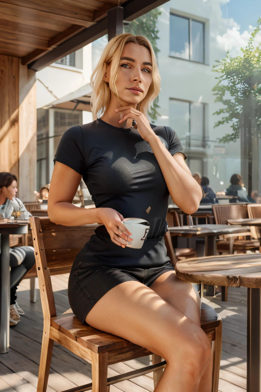 A girlis, Sitting on a chair in front of a café, (Large café:1.4),  (Wooden chairs:1.4), (Tisch:1.4), Kaffee trinken, (Kaffeebecher:1.4), thick body, (lange blonde Haare:1.4), green eyes, HDR (Hoher Dynamikumfang), raytracing, NVIDIA RTX, Super-Resolution, Unwirklich 5, sub-surface scatter, PBR-Texturierung, Nachbearbeitung, Anisotrope Filterung, depth of fields ,Maximum clarity and sharpness, Mehrschichtige Texturen, Albedo- und Spiegelungskarten, surface shading, Exakte Simulation der Wechselwirkung zwischen Licht und Material, Oktan-Rendering, Zweifarbige Beleuchtung, niedriger ISO-Wert, white balance, Drittel-Regel, wide aperture, 8K ROH, Effizientes Subpixel, Subpixel-Faltung, (Lumineszierende Partikel:1.4), {{Meisterwerk, best quality, extrem detaillierter CG, Unity 8K Hintergrundbild, ..3d, Filmische Beleuchtung, Blendenfleck}}, Perfekte Finger, Perfekte Kleidung,1 Tee,zwei Beine,