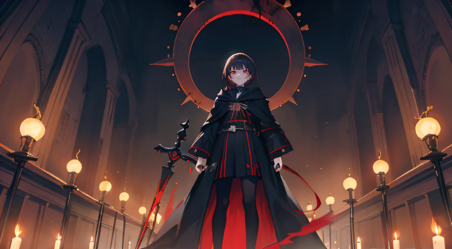 A young man,Crazy expression,red - eyed,brunette color hair,short detailed hair,black toga,hooding,Long staff,skeleton head,suns,Eclipse,French formation,altar,Great mantra,casting spells,villain,Black gas,big laughter,frenzied,Law ball,Blood sacrifice,altar,darkly,standing on your feet,Dangling,dead body,exteriors,dark wizard,looking to the camera,laughingly,Up to no good,Persona diagram