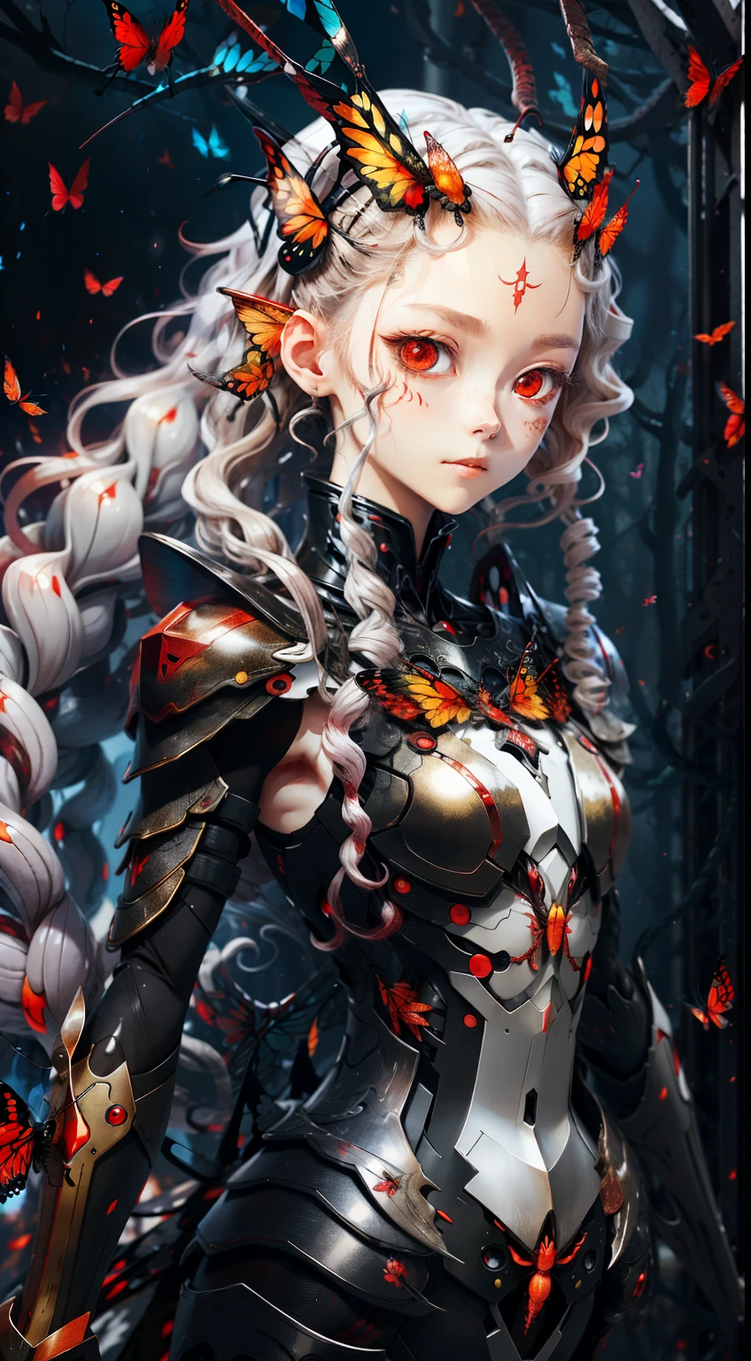 Two-dimensional anime insect girl with scarlet eyes, Pale hair, and black armor,His eyes were firm, There are red butterfly wings and tentacles, Long hair slightly curly,There are flames all around