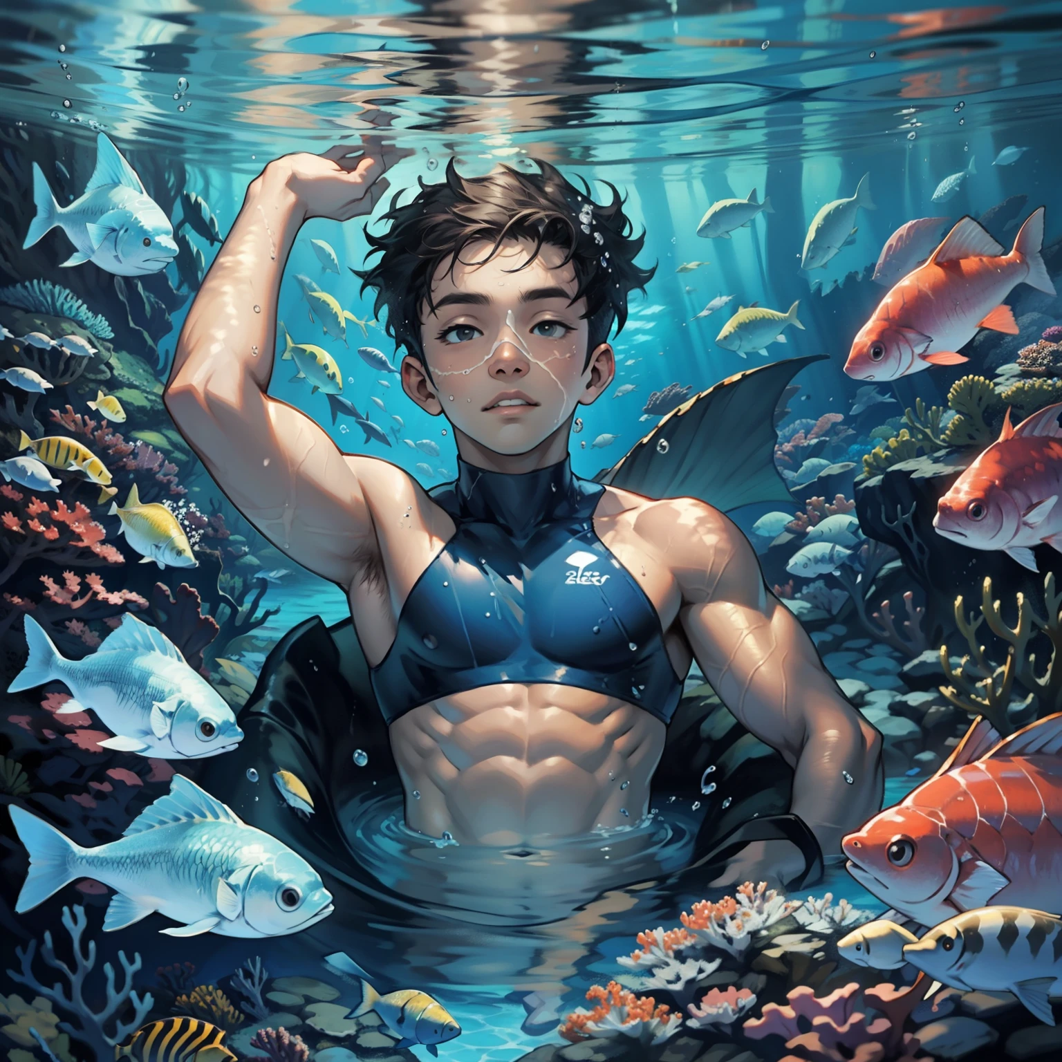 A boy swims in the deep sea