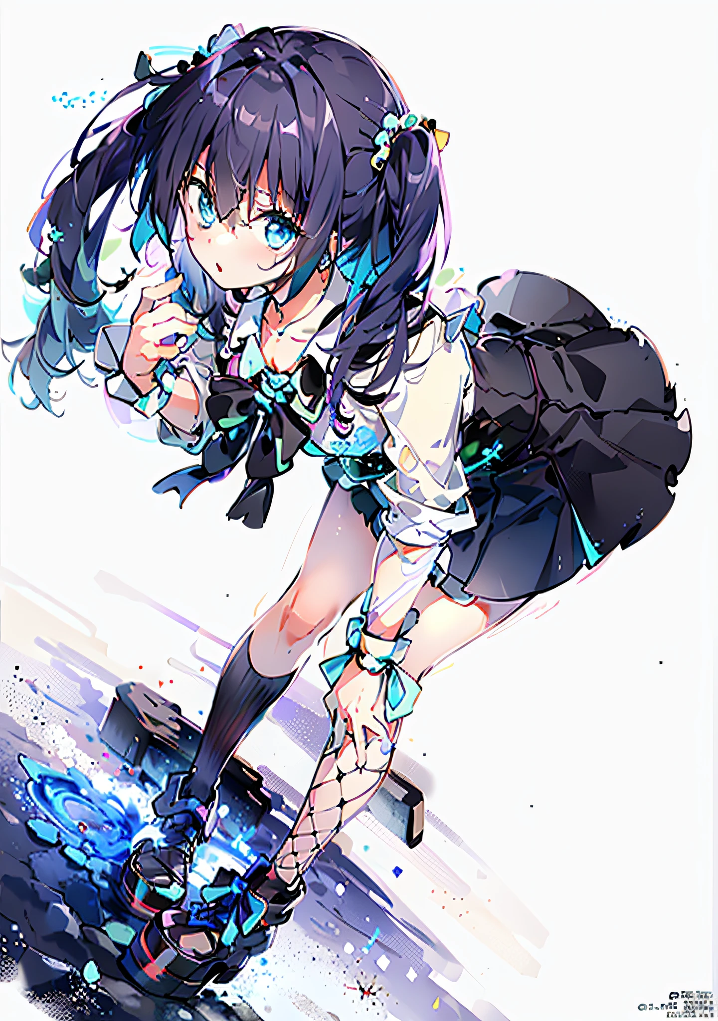 （8K分辨率，Highest image quality，tmasterpiece）1个Giant Breast Girl，Black double ponytail，Blue-purple pick dye，blue hair ribbon，Purple pupils，Sick eyes，Look ahead，Black and white JK，White JK top，Black bow，Black JK skirt，Leaning forward，Cocked buttocks，Elongated white legs，Black fishnet socks，Small black leather shoes。