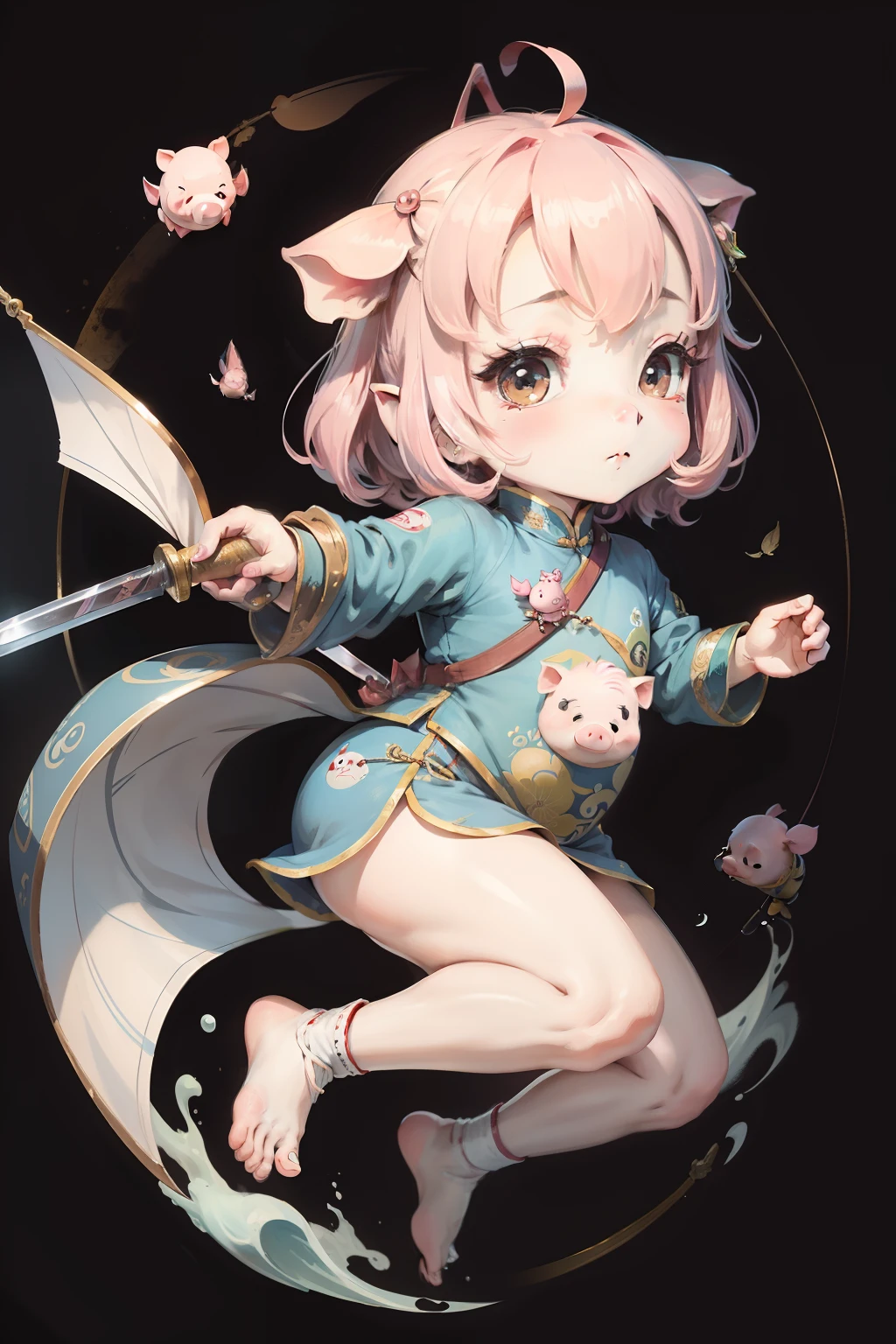 Cute piglet，Chinese Ming Dynasty flying fish costume，Martial arts，holding a longsword，National style。