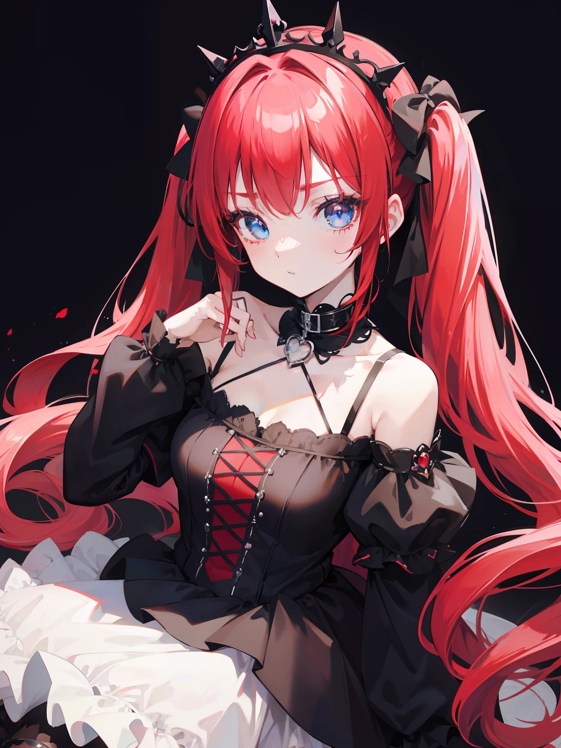 Red hair, Blue eyes, twintails, Goth Lolita, Darkgoth, Collar,Crown tiara,pride,solo,loli,Long hair,{{best quality}}, {{masterpiece}}, {{ultra-detailed}}, {illustration}, {detailed light}, {an extremely delicate and beautiful},,cute,