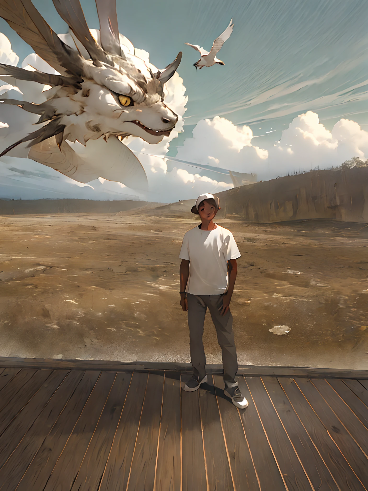 girl, letterboxed, holding, outdoors, bird, standing, cloud, 1boy, weapon, from behind, sky, cloudy sky, animal, holding weapon, eastern dragon, monster, 1other, hat, fog,