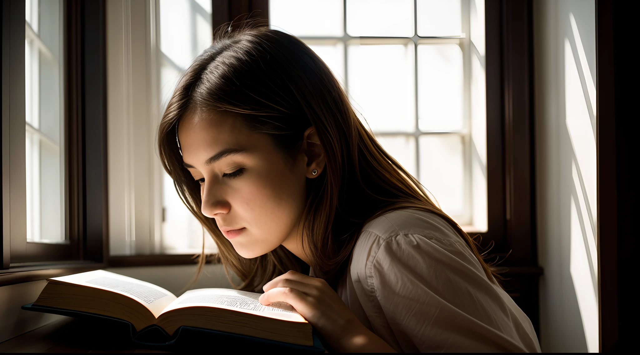 instagram photo, closeup face photo, A striking scene of a woman immersed in her reading, the play of light and shadows creating an atmosphere of curiosity and imagination, Fujifilm X-T3 with 50mm f/2 lens, dramatic window light, storytelling photography.