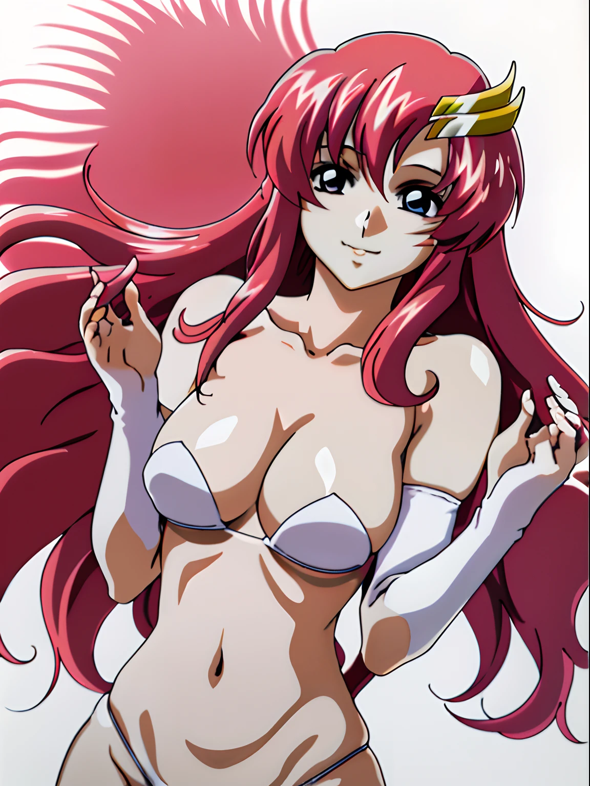(masutepiece, 4K, Best Quality, Anime style: 1.9, (Solo), High color saturation, ultra Detailed face, tall, Adult Woman, lovely, (White background), high resolution, Anime, lacus4. (White micro bikini top, micro thong), 1girl in, Solo, Long hair, 鎖骨, scapular, Wavy Hair, Detailed wide hair bangs, Hair Ornament, ultra Detailed reddish-pink hair, cleavage, closed fists, large hands, white fingerless gloves, Big blue eyes, Off-shoulder, (white elbow pad), (small breasts), Smile, closed mouth, slender, shy, happy, stomach, navel, closed fist, white skin