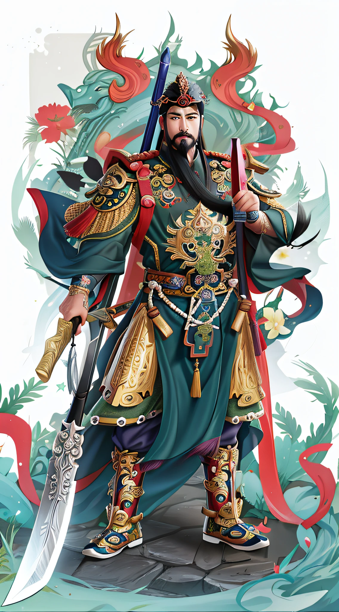 Caricature of a man dressed in green holding a sword, Guan yu, inspired by Xuande Emperor, Inspired by Hu Zaobin, Inspired by Huang Shen, Chinese Warrior, by Xuande Emperor, the god emperor of mankind, inspired by Wu Bin, inspired by Huang Ding, Chinese mythology, inspired by Zhang Wo, inspired by Li Cheng, chinese three kingdoms,The tip of the sword is upwards, and the tail of the sword stands vertically on the ground,The tip of the sword is up,