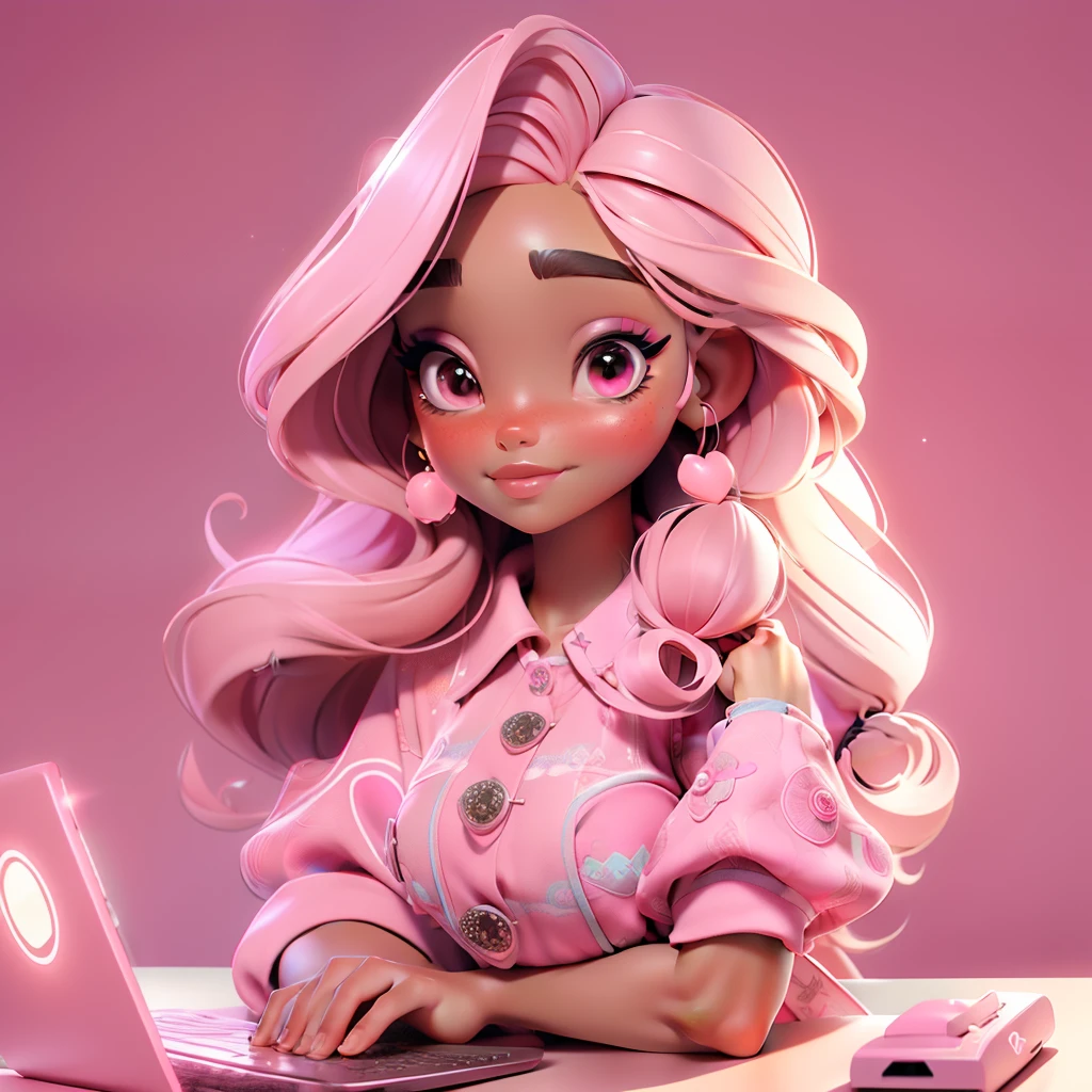 A morden Girl, brown skin, pink theme, sparkling simple make up, sparkling face, sparkling lips, hippie clothes, high quality pictures, her and her computer, nerd, sparkling pictures