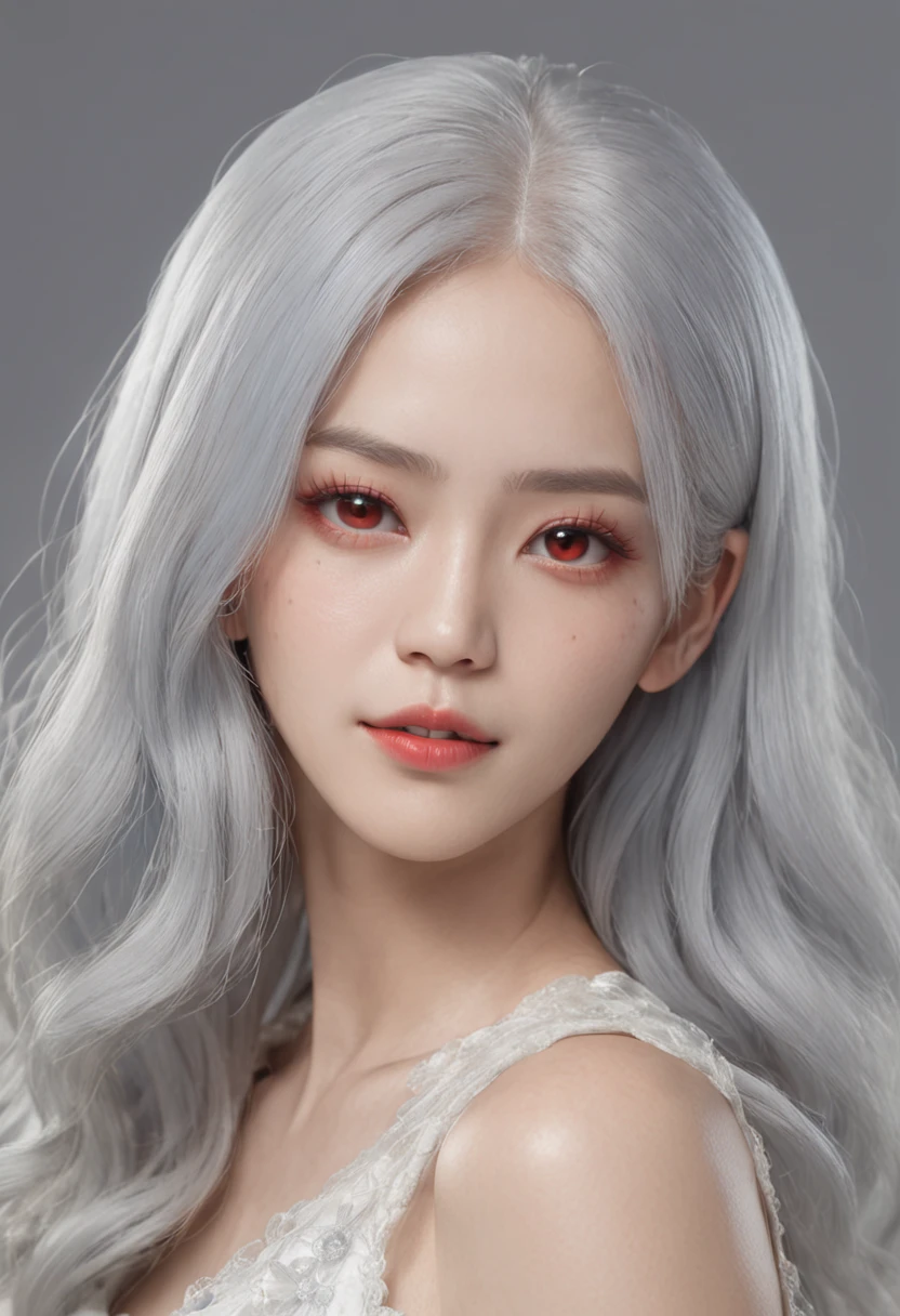 Best picture quality，femele，White hair and red eyes，S-shaped body，sitting on a stool，Realistic painting style ，frontage，Close-up of a blue-haired woman in a silver dress, Inspired by:, portrait of female korean idol, trending on cgstation, portrait of kpop idol, portrait of jossi of blackpink, 3 D rendering character art 8 K,, , 8K high quality detailed art