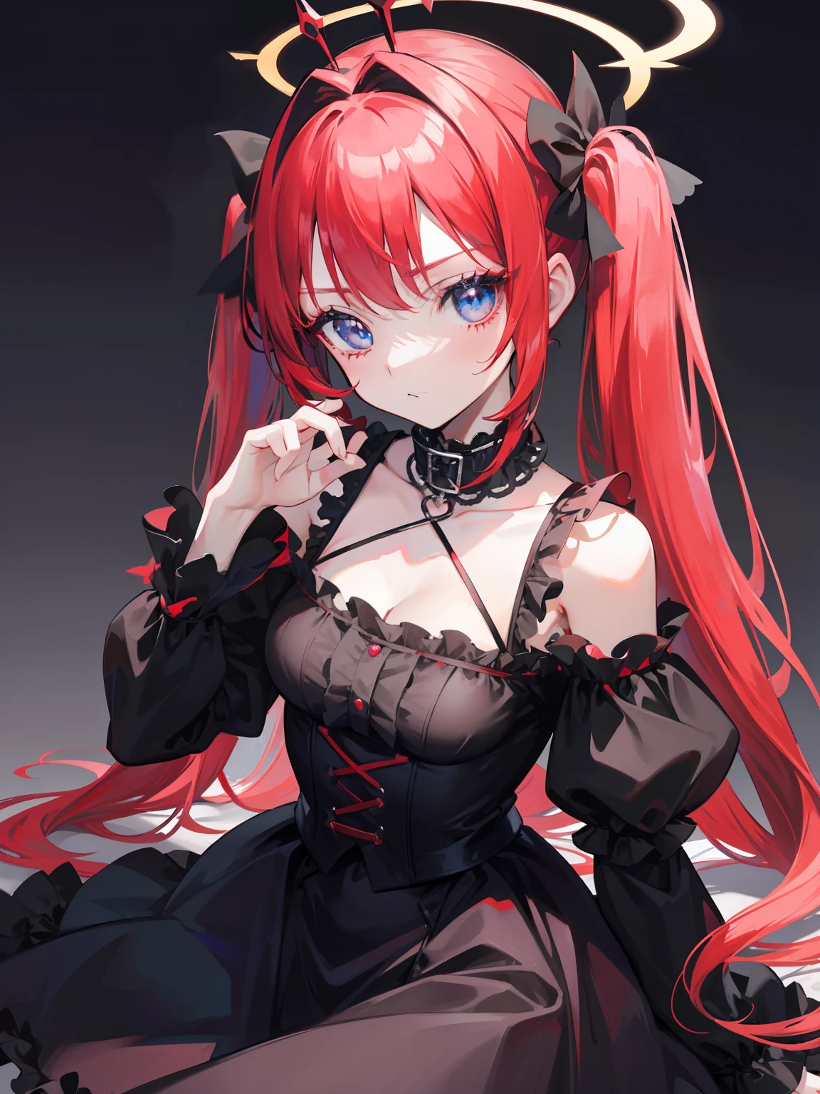Red hair, Blue eyes, twintails, Goth ta, Darkgoth, Collar,Crown tiara,pride,solo,lolig hair,{{best quality}}, {{masterpiece}}, {{ultra-detailed}}, {illustration}, {detailed light}, {an extremely delicate and beautiful},little glo