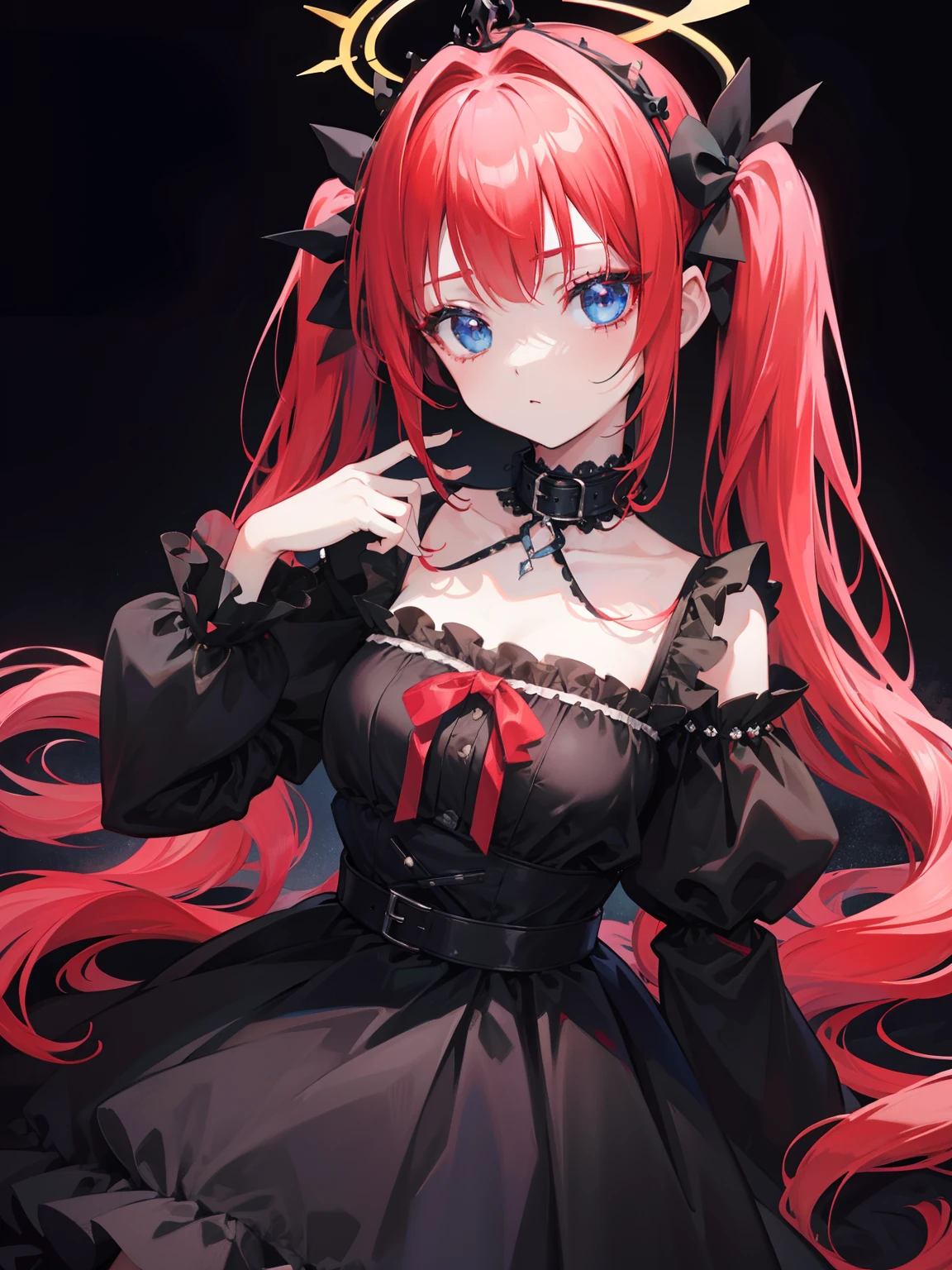 Red hair, Blue eyes, twintails, Goth Lolita, Darkgoth, Collar,Crown tiara,pride,solo,loli,Long hair,{{best quality}}, {{masterpiece}}, {{ultra-detailed}}, {illustration}, {detailed light}, {an extremely delicate and beautiful},little girl,cute,halo