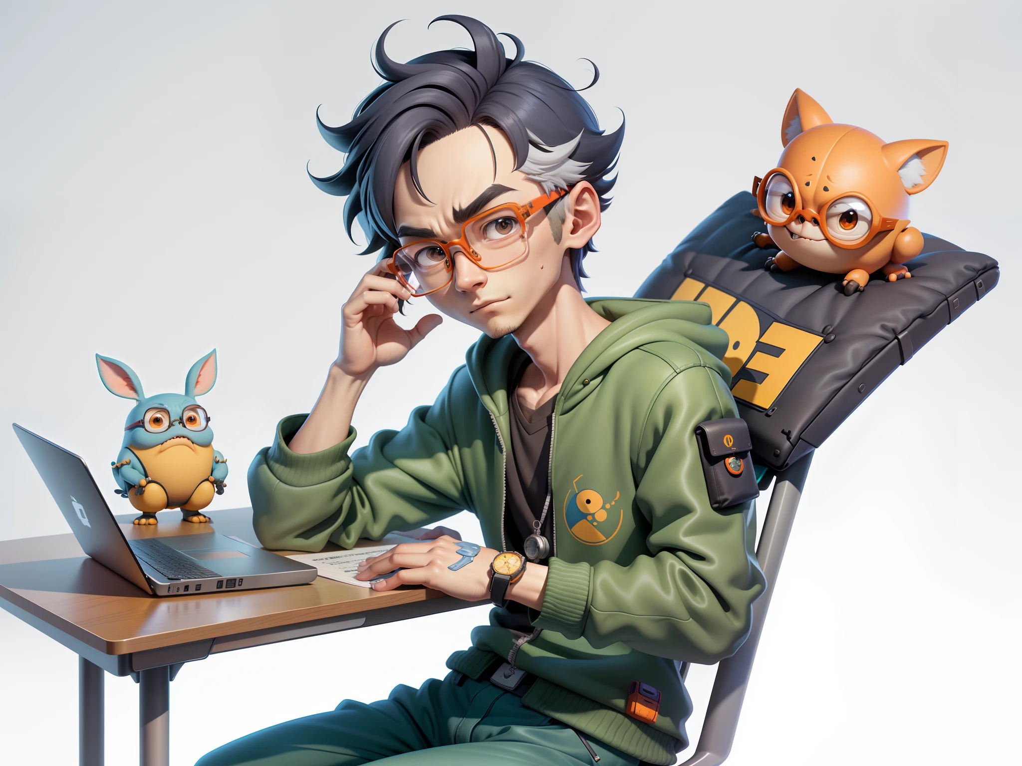 A young man with glasses sits at his desk，holding laptop，digitial painting，3D character design by Mark Clairen and Pixar and Hayao Miyazaki and Akira Toriyama，4K HD illustration，Very detailed facial features and cartoon-style visuals。